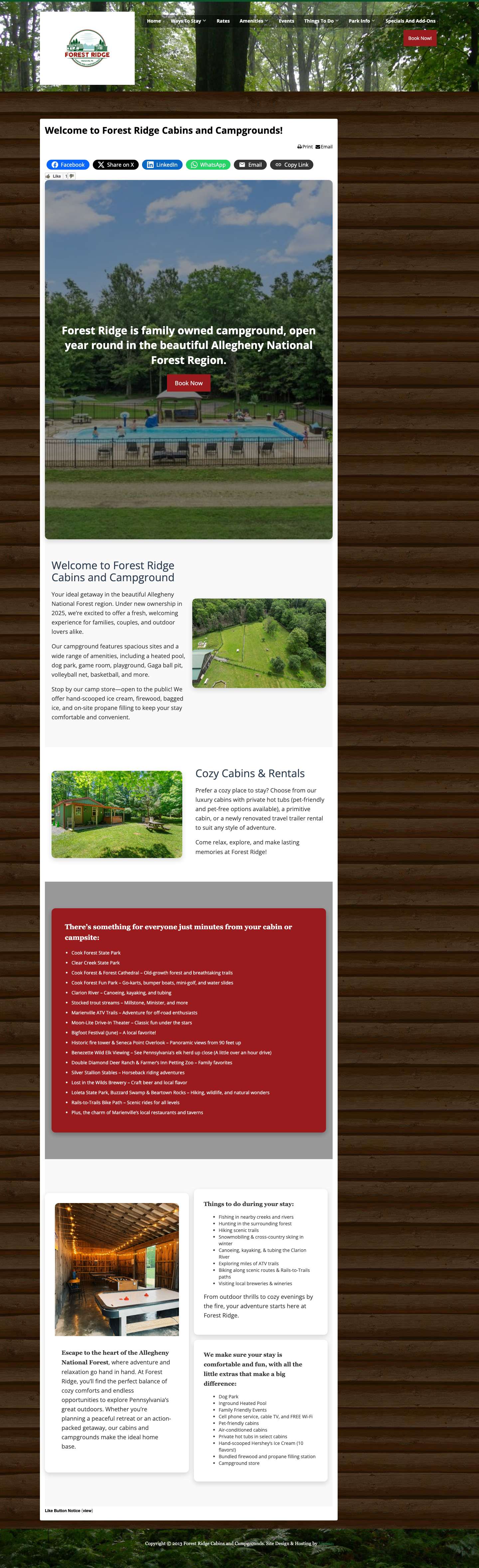 Home - Forest Ridge Cabins Campgrounds Cook Forest Allegheny PA - Full Screenshot