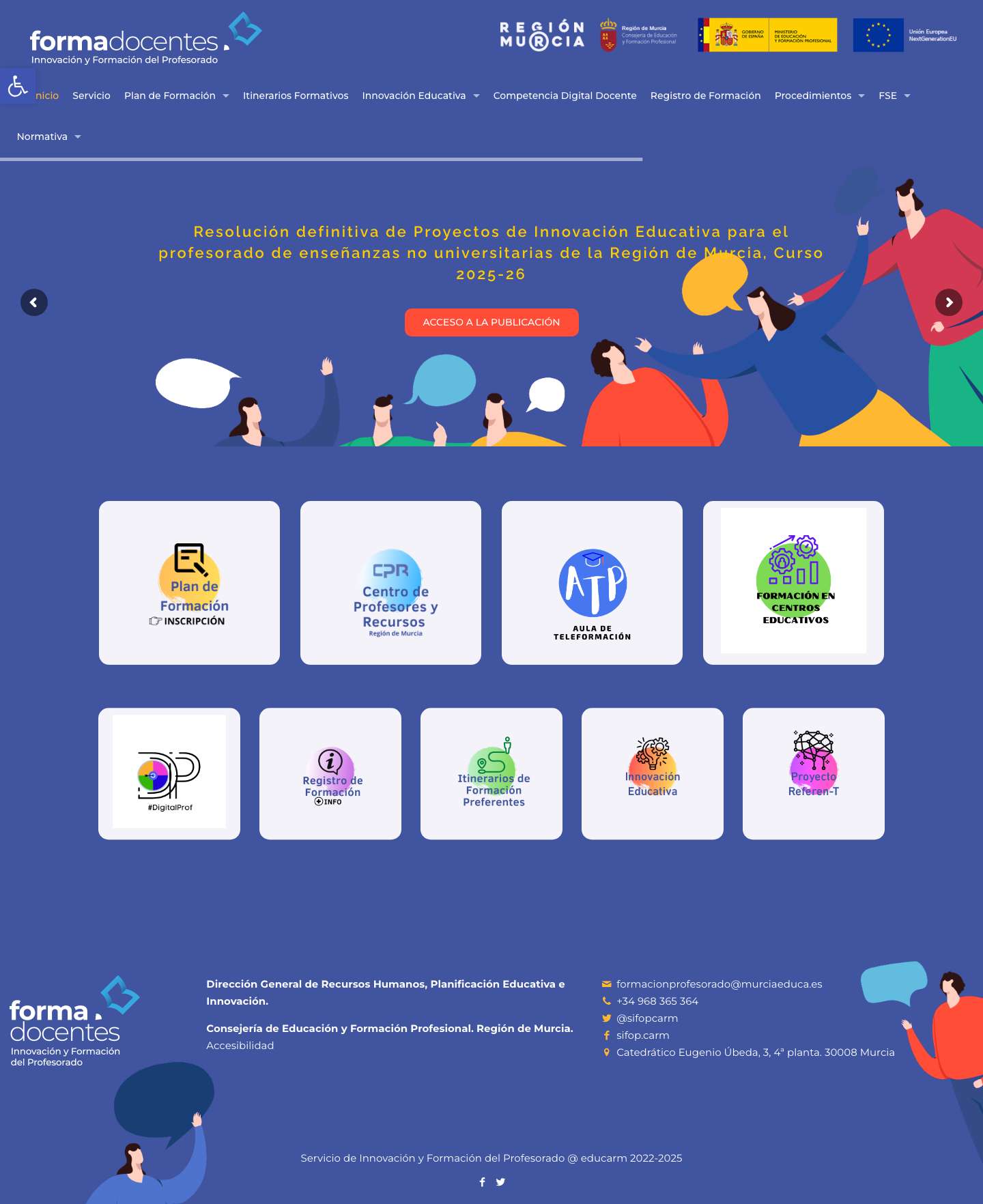 Servicio de Innovación y Formación del ProfesoradoHerramientas de accesibilidadAumentar textoDisminuir textoEscala de grisesAlto contrasteContraste negativoFondo claroSubrayar enlacesFuente legibleRestablecer - Full Screenshot