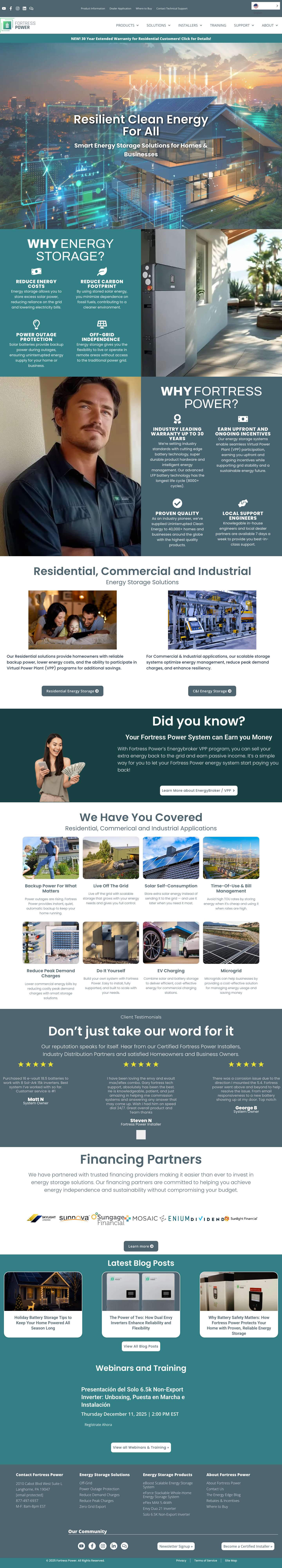 Solar Energy Storage Solutions for Homes & Businesses | Fortress Power - Full Screenshot