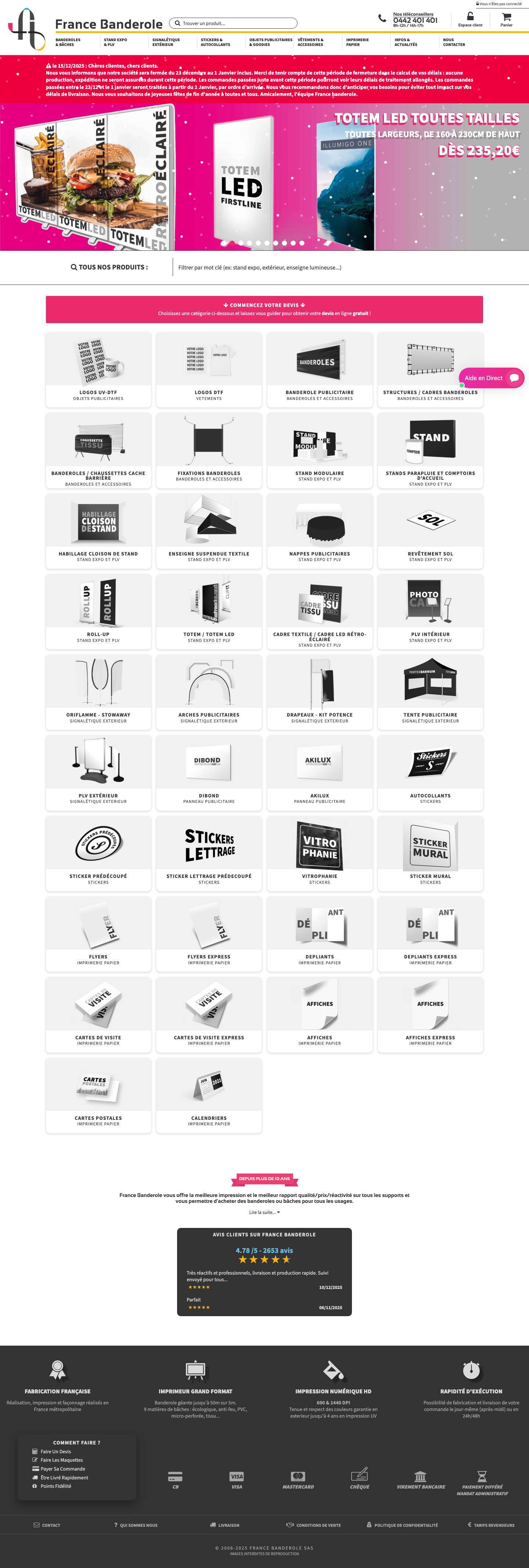 imprimeur grand format : banderoles, roll up, barnum, oriflammes France banderole - Full Screenshot