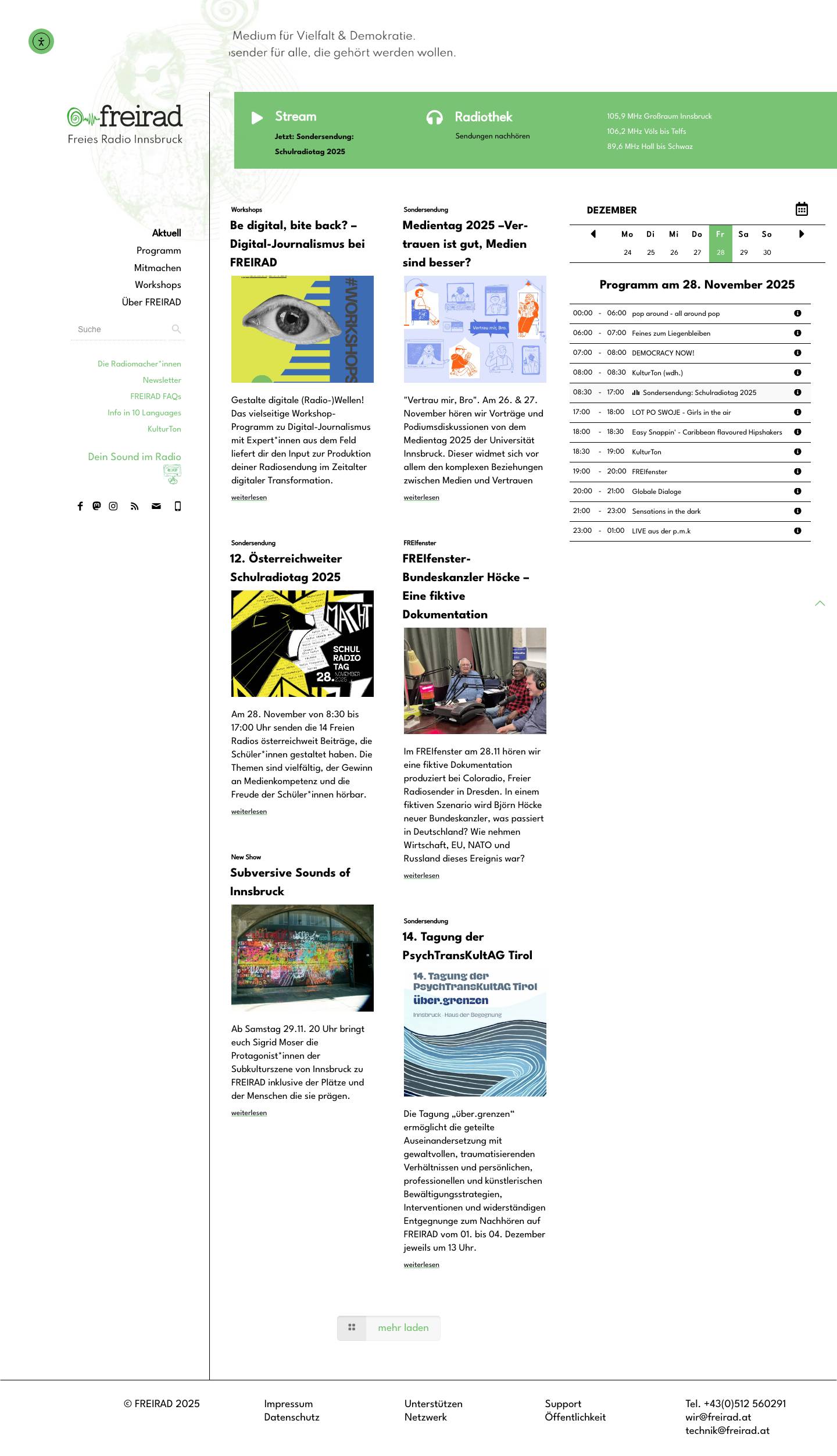 FREIRAD Freies Radio Innsbruck – freirad.at – FREIRAD Tirols einziges und erstes Freies Radio. Website mit dem aktuellen Programm, News, Infos zu Seminaren und einem Live Stream. - Full Screenshot