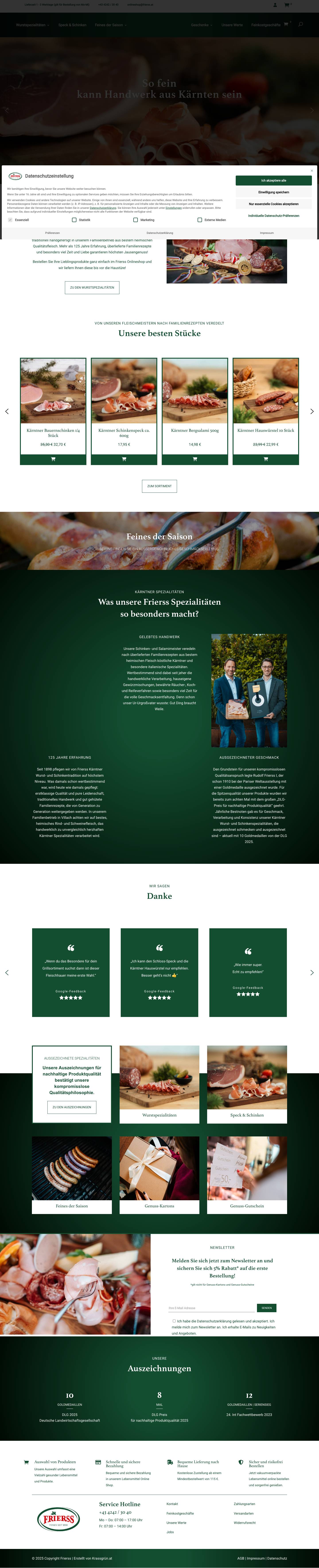Frierss Onlineshop | Speck-, Wurst- & Schinkenspezialitäten - Full Screenshot
