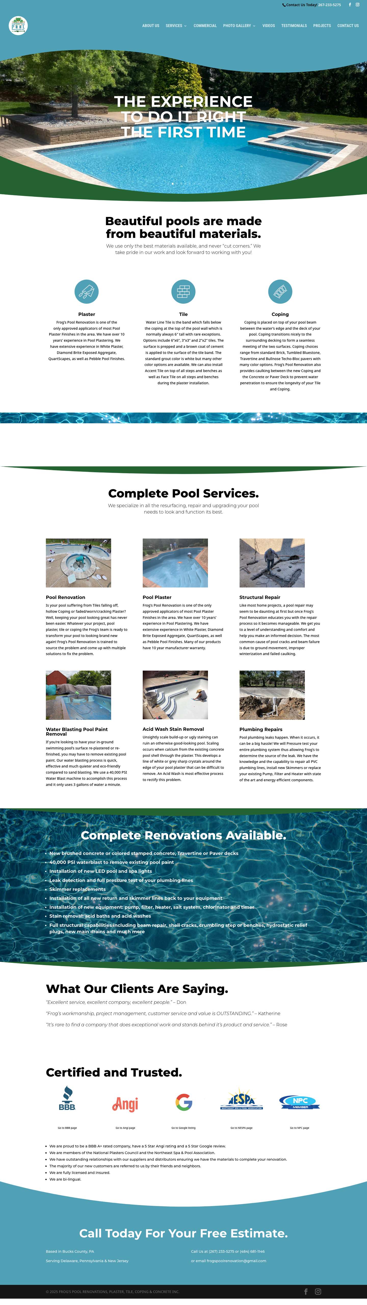 Home - FROG’S POOL RENOVATIONS, PLASTER, TILE, COPING & CONCRETE INC. - Full Screenshot