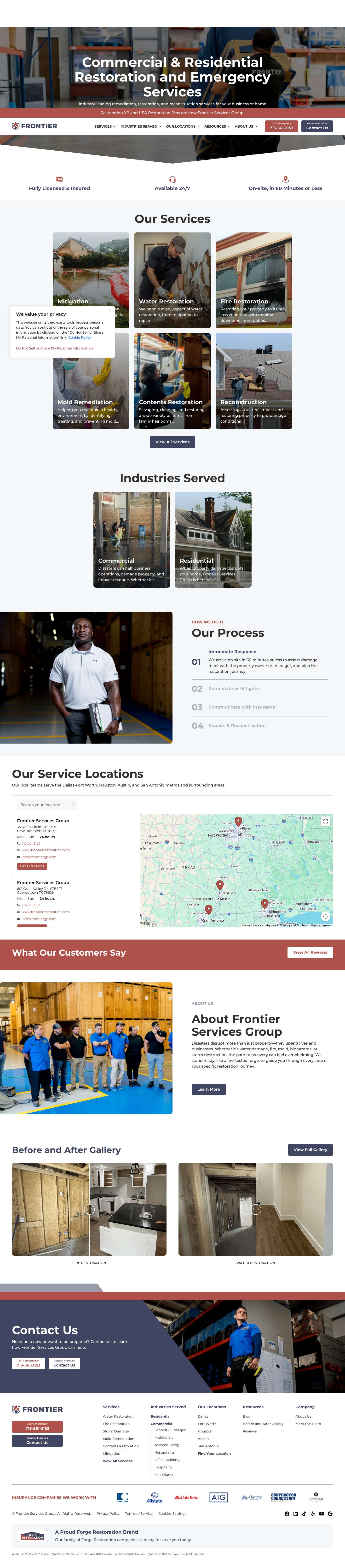 Water, Fire, Mold Damage Restoration & Duct Cleaning in Texas | Frontier Services Group - Full Screenshot