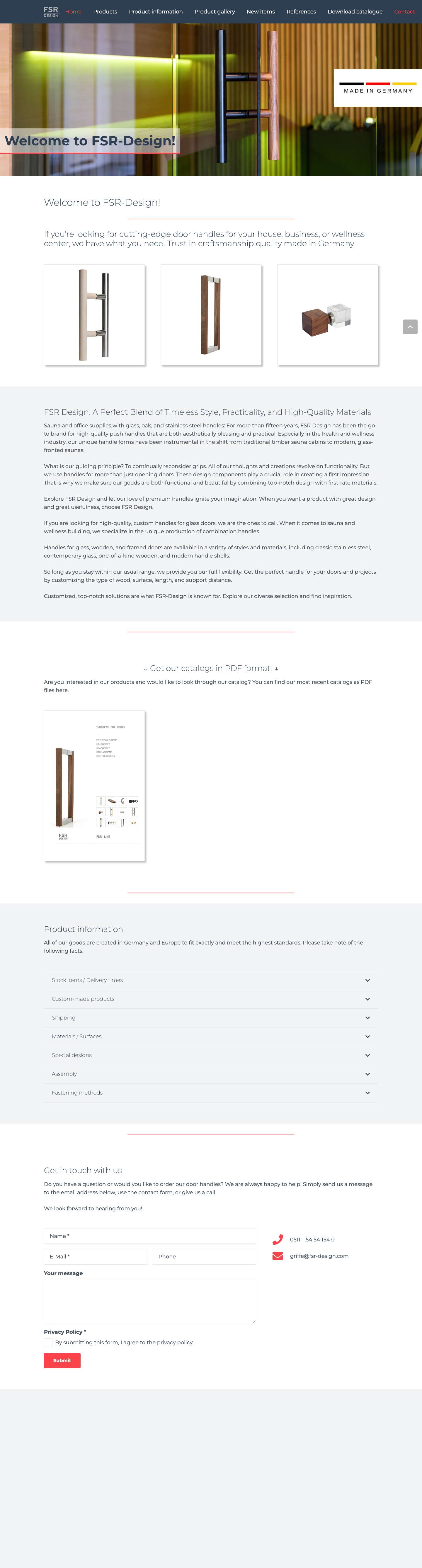 Stainless steel handles, glass handles, and wooden handles for saunas and offices - Full Screenshot