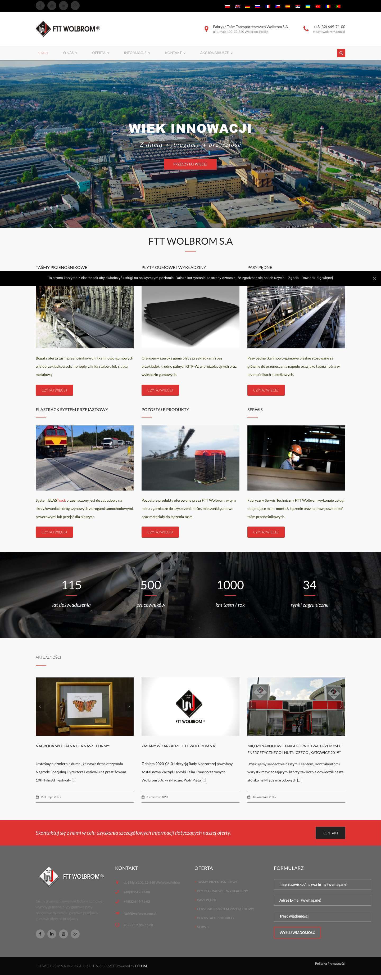 FTT Wolbrom S.A - Taśmy transportujące i przenośnikowe, wykładziny gumowe, mieszanki, płyty na przejazdy - FTT Wolbrom S.A - Full Screenshot