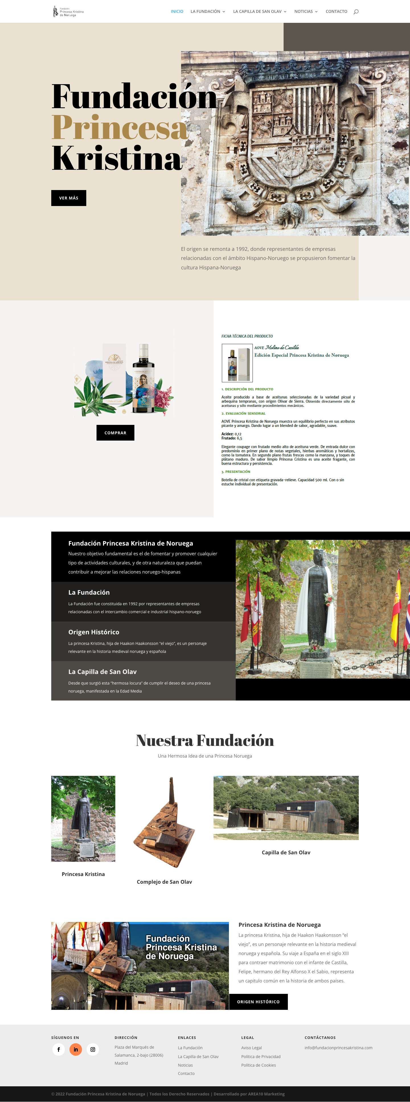 Fundación Princesa Kristina de Noruega | La Fundación Princesa Kristina de Noruega con sede en Madrid, es una fundación cultural que tiene como objetivo fomentar actividades culturales en España que sirvan para reforzar los lazos entre Noruega y España, y el mantenimiento de la estatua de la Princesa Kristina, levantada en 1978 en Covarrubias, lugar donde se encuentra el sarcófago con los restos de la princesa. - Full Screenshot