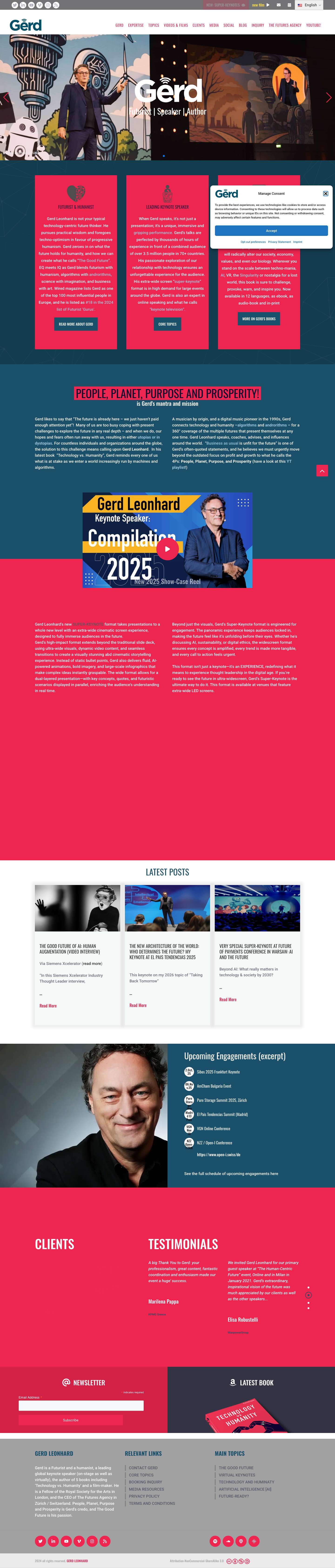 Gerd Leonhard Futurist Humanist Author Keynote Speaker – Futurist, Humanist, Keynote Speaker, Author and Film-Maker: Gerd is CEO of the The Futures Agency and the global expert and presenter for Technology and Humanity, Digital Ethics, Artificial Intelligence and Digital Transformingyoutubeyoutube - Full Screenshot