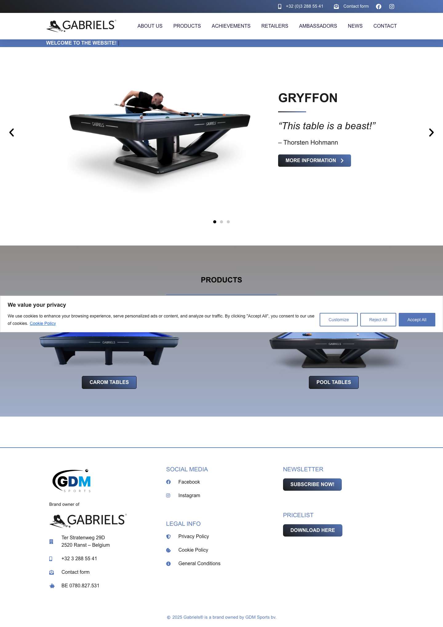 Gabriels® Billiards - The #1 supplier for carom and pool tables - Full Screenshot