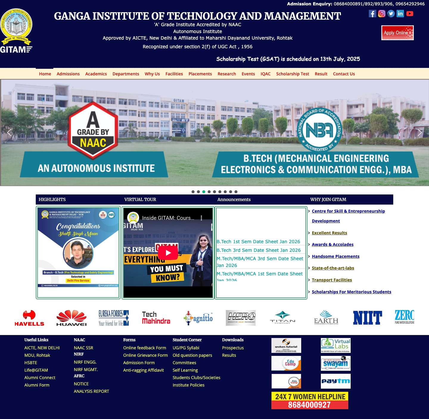 GANGA INSTITUTE OF TECHNOLOGY AND MANAGEMENT | Approved by AICTE, New Delhi & Affiliated to Maharshi Dayanand University,Rohtak and HSBTE, Panchkula Recognized under Section 2(f) of UGC Act , 1956 - Full Screenshot