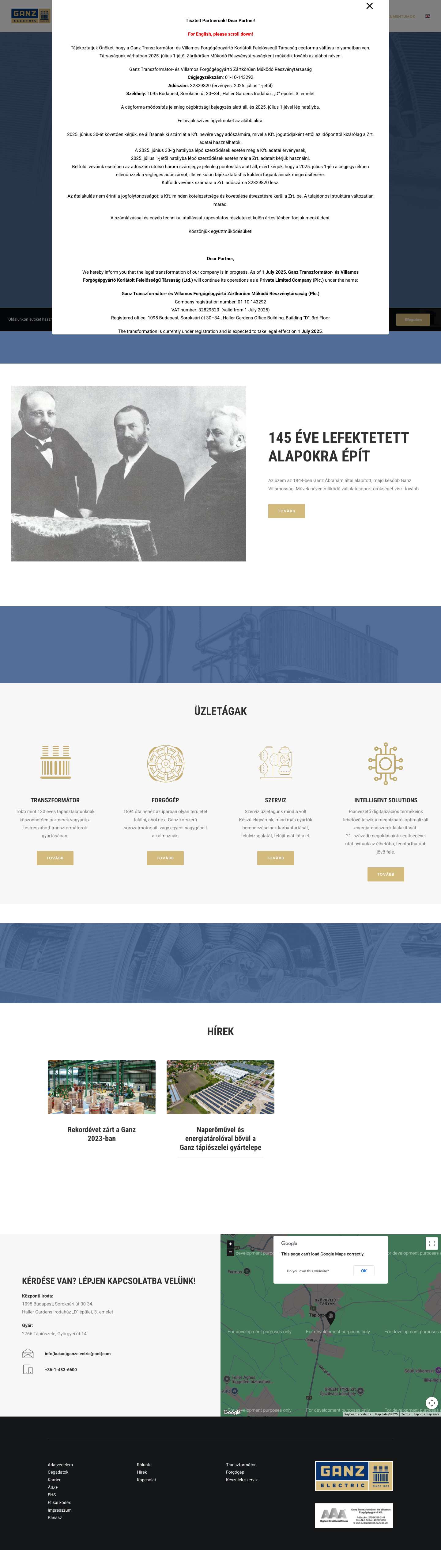 Főoldal - Ganz Transzformátor- és Villamos Forgógépgyártó Kft - Full Screenshot
