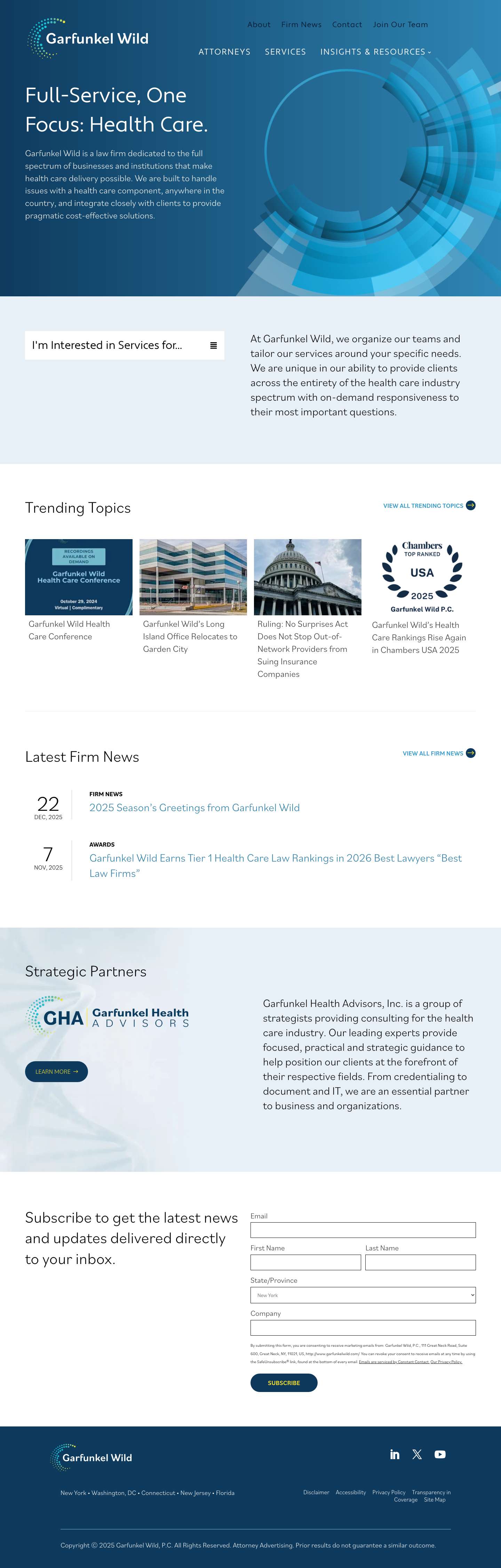 Health Care Law Attorneys - Garfunkel Wild - Full Screenshot