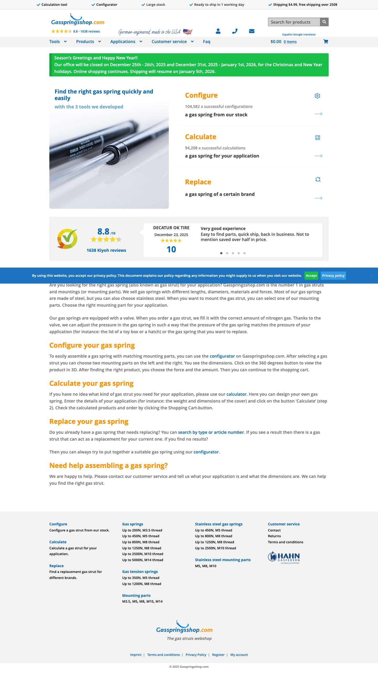 Need A Gas Spring? Buy Gas Struts Online! | Gasspringsshop.com - Full Screenshot