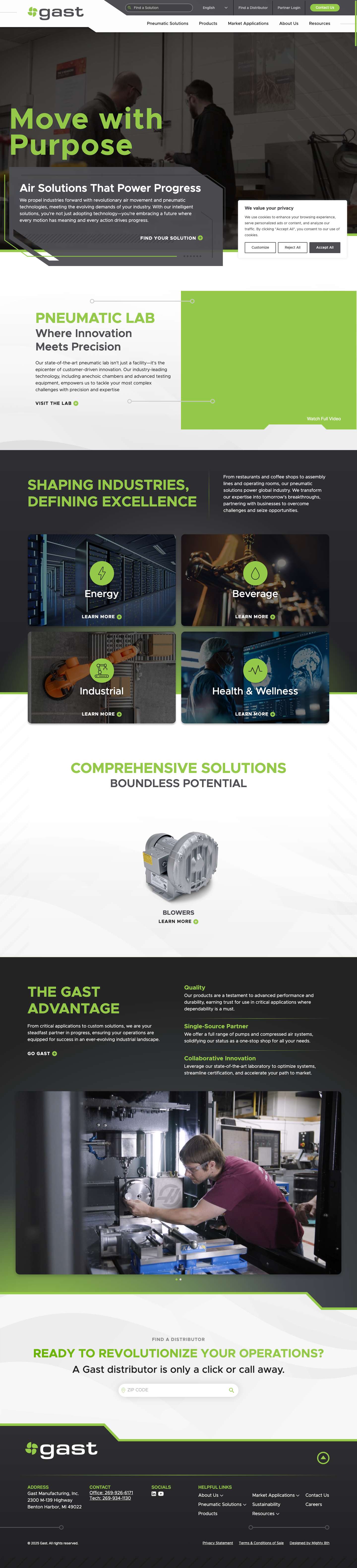 Gast Manufacturing | Pneumatic Solutions, Air Compressors & Vacuum Pumps - Full Screenshot