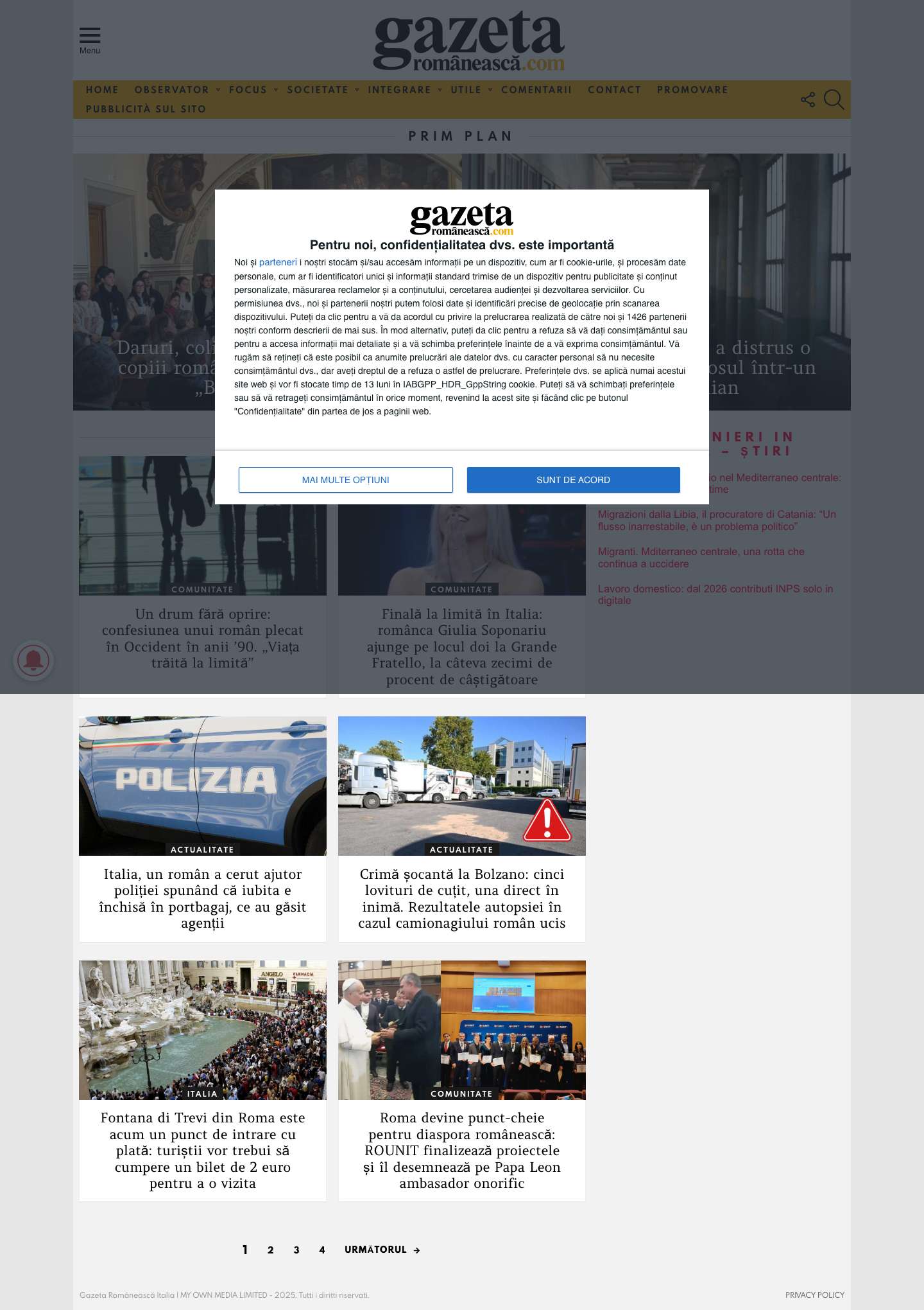 Gazeta Românească Italia - Portalul nr. 1 de știri din diaspora - Full Screenshot