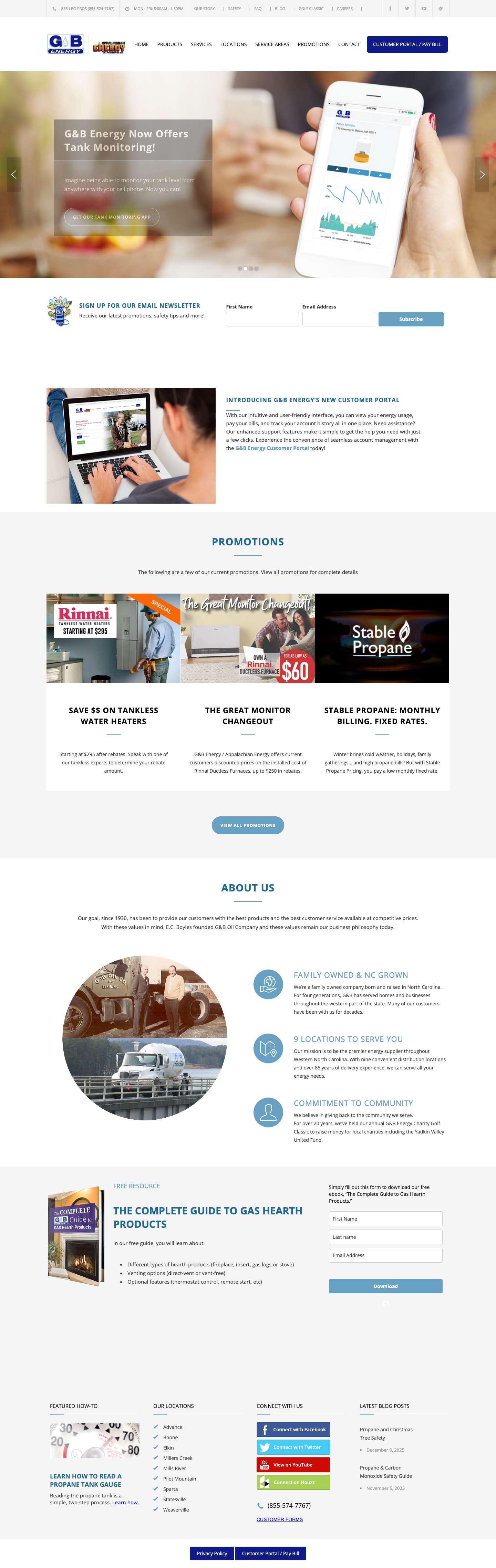 Propane & Heating Oil Delivery, Fireplaces, Water Heaters, NC | G&B Energy - Full Screenshot