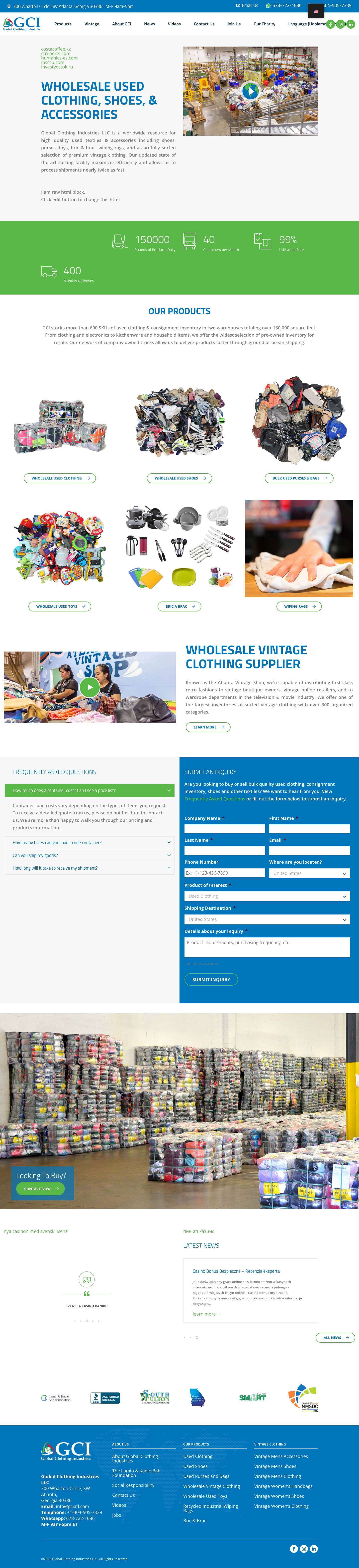 Global Clothing Industries | U.S. Wholesale Used Clothing Suppliers - Full Screenshot
