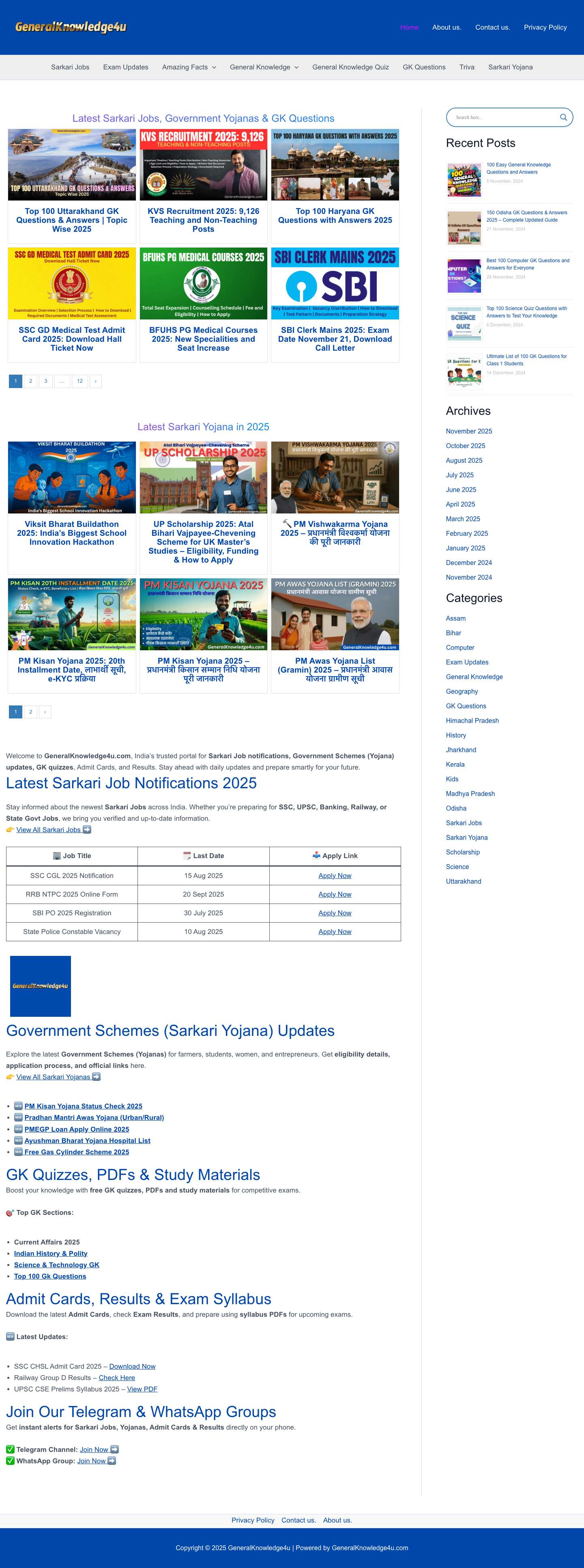 Latest Sarkari Jobs,Yojana & GK Questions | GeneralKnowledge4u - Full Screenshot