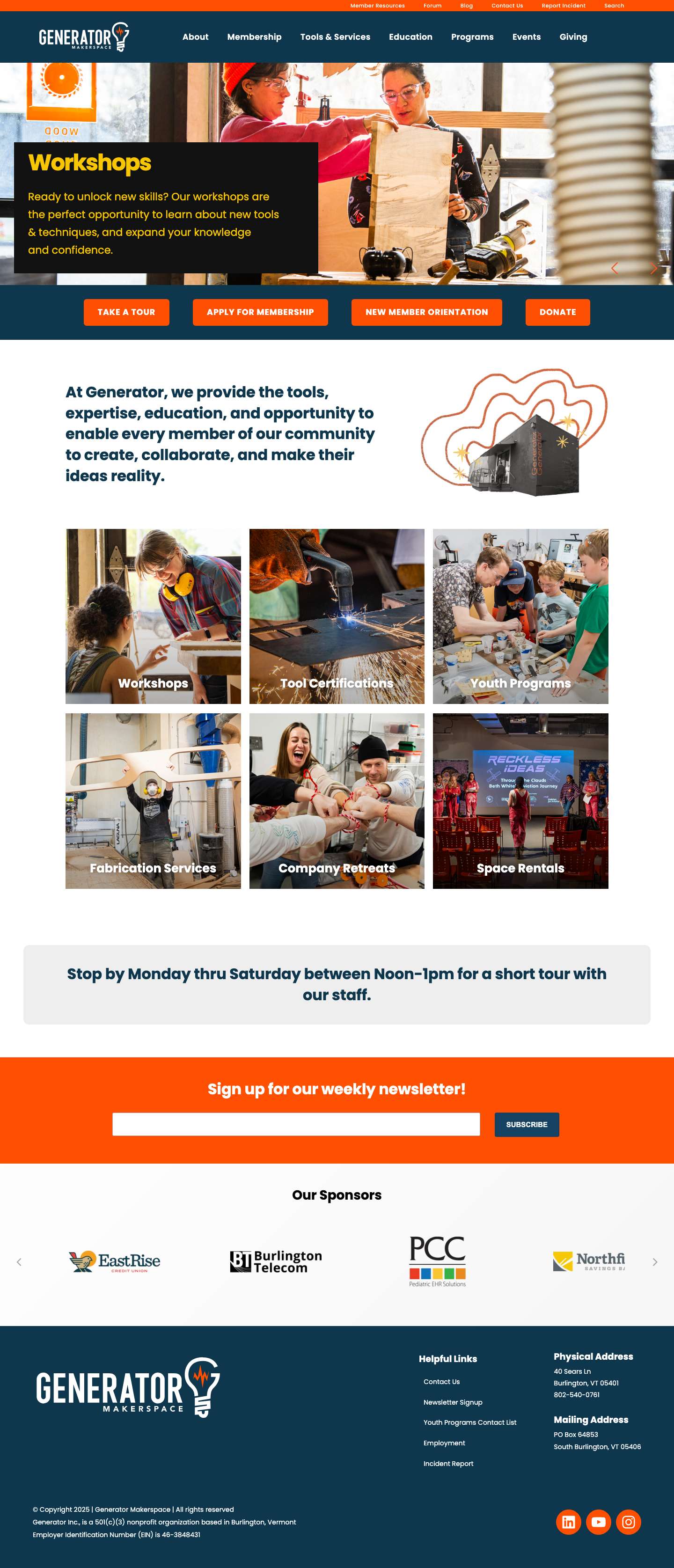 Makerspace in Burlington Vermont | Generator Makerspace - Full Screenshot