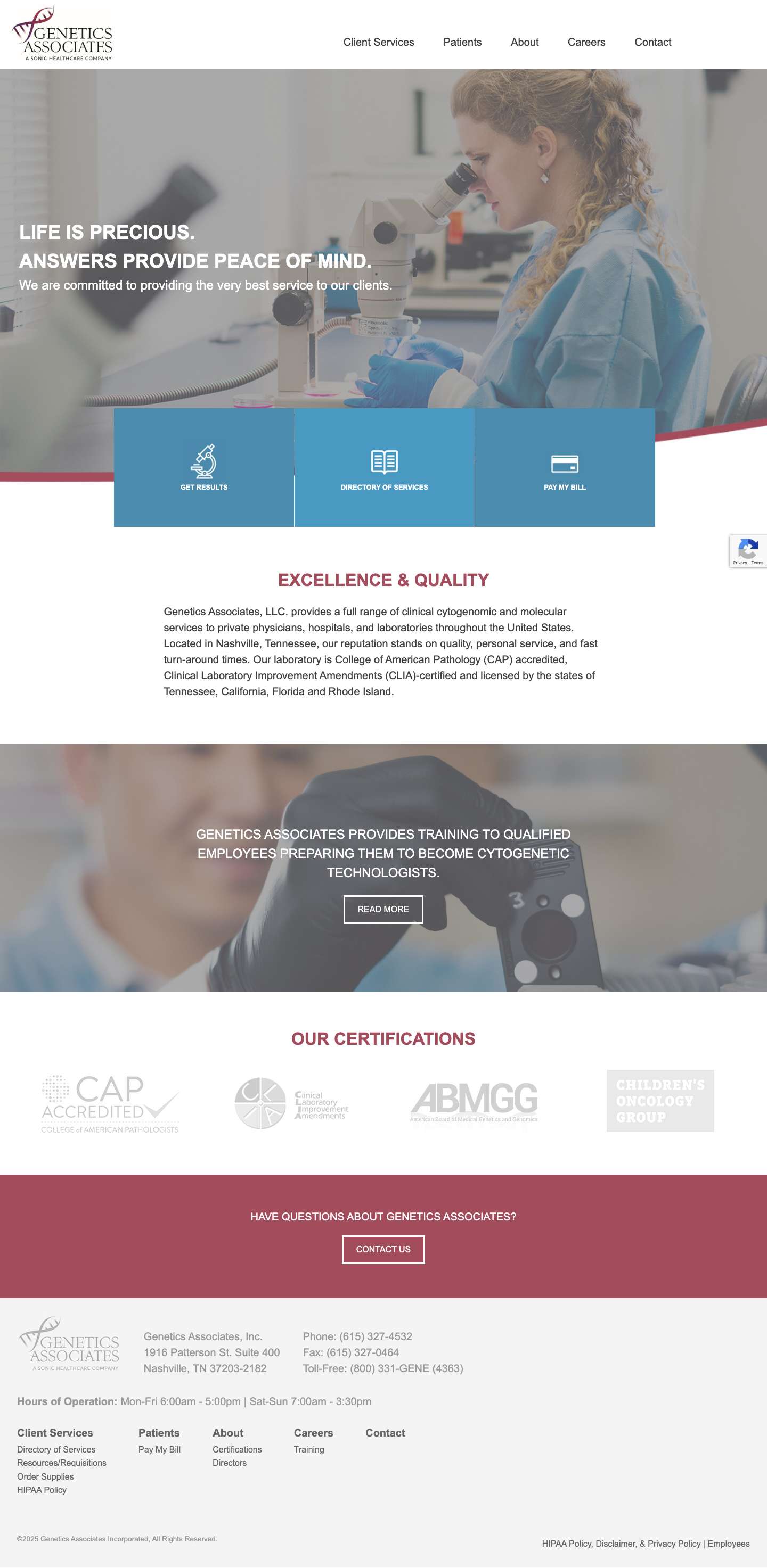 Home | Clinical Cytogenetic & Molecular Services | Genetics Associates - Full Screenshot
