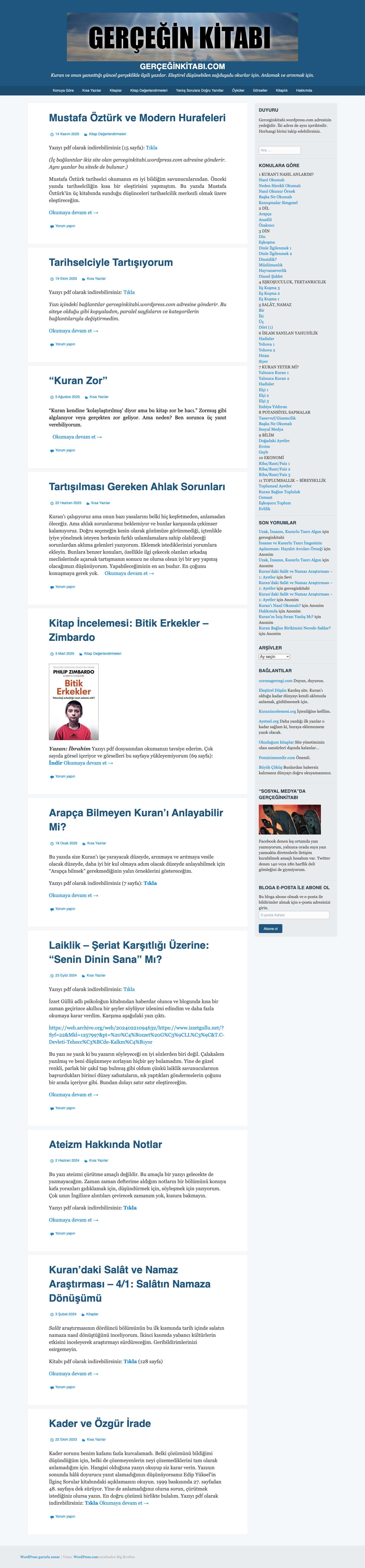 GerçeğinKitabı.com | Kuran ve onun yansıttığı güncel gerçeklikle ilgili yazılar. Eleştirel düşünebilen sağduyulu okurlar için. Anlamak ve arınmak için. - Full Screenshot