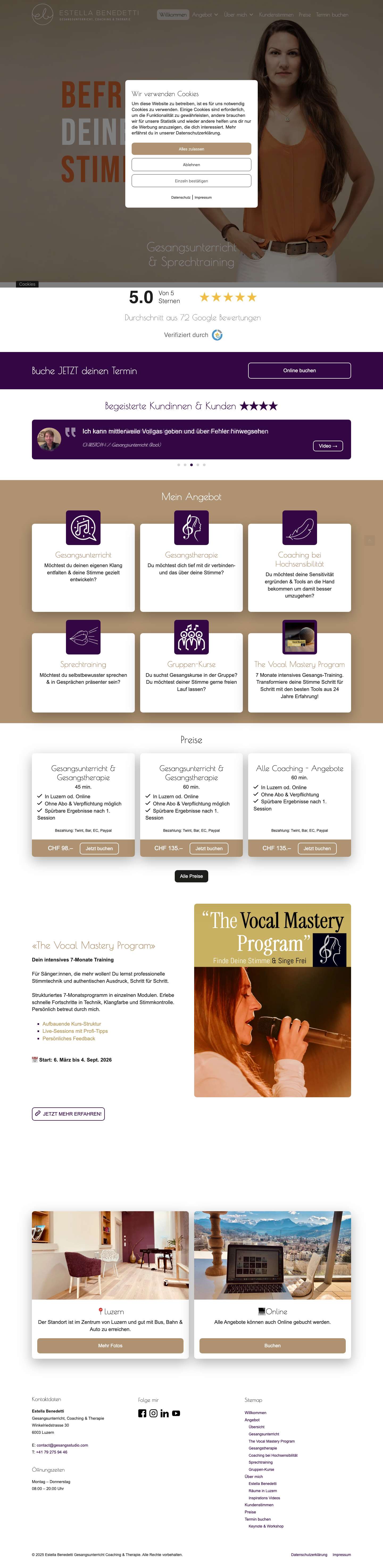 Ganzheitlicher Gesangsunterricht & Therapie / Luzern & online - Full Screenshot