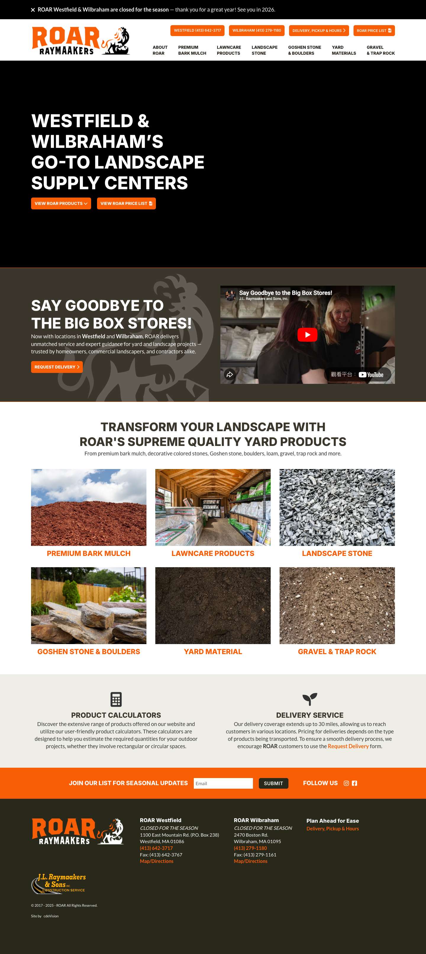 ROAR Landscape Supply | Westfield & Wilbraham, MA - Full Screenshot