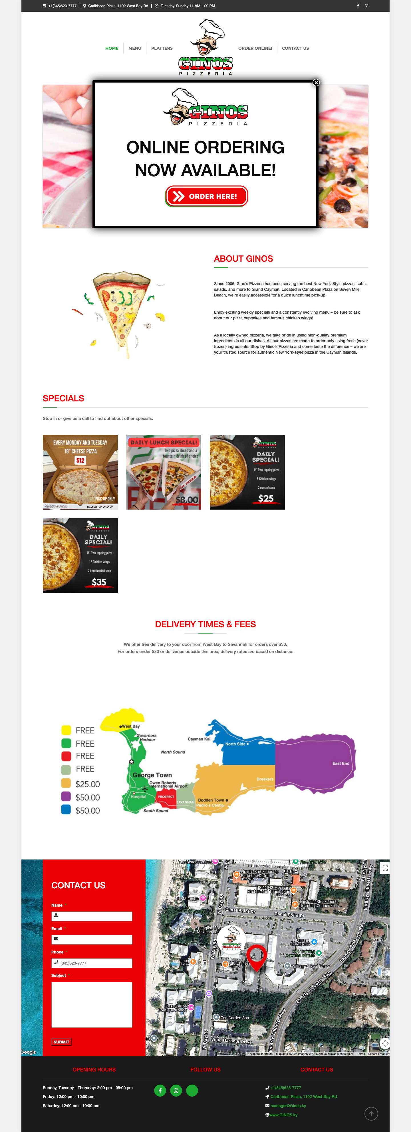 Gino's Pizzeria Grand Cayman | Serving authentic New York Style Pizzas, Subs and Salads since 2005. - Full Screenshot