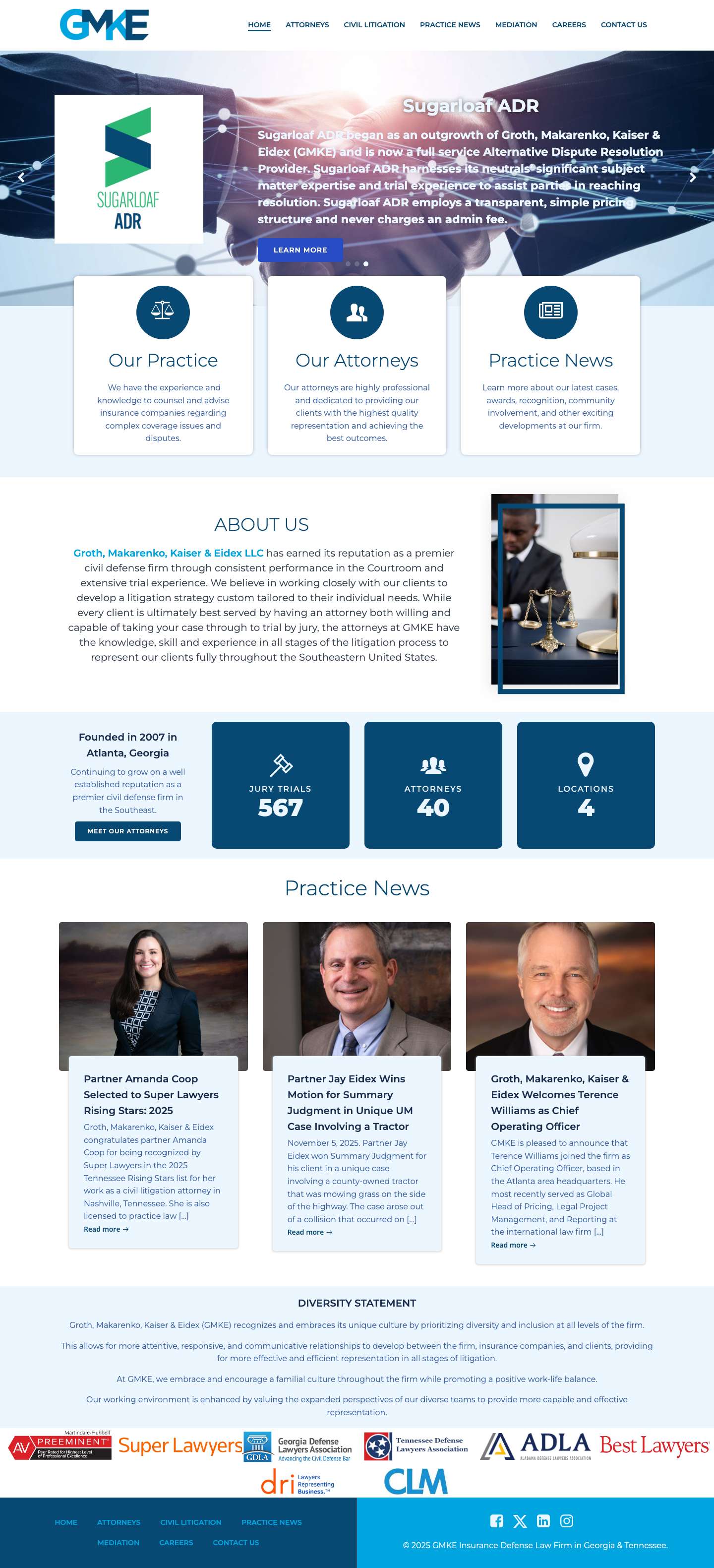 GMKE Insurance Defense Law Firm in Georgia & Tennessee – GMKE is a Southeast insurance defense trial law firm with offices in Georgia and Tennessee. We defend auto, premises, trucking, and coverage claims - Full Screenshot
