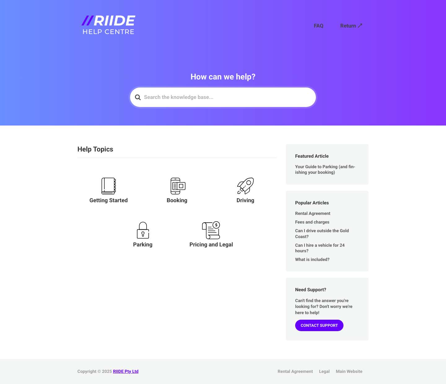 RIIDE Help - RIIDE Help Centre - Full Screenshot