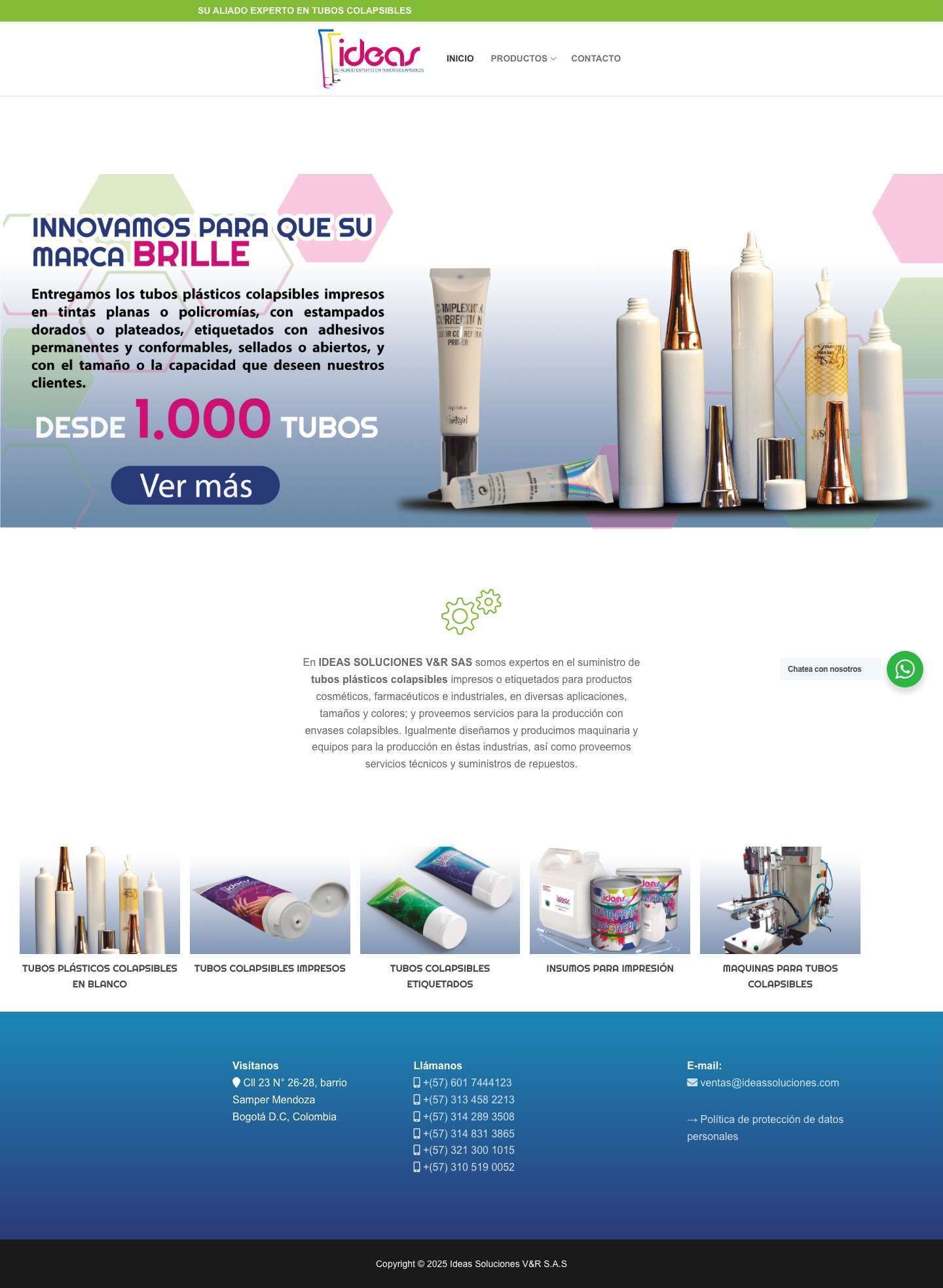 Suministro de tubos plásticos colapsibles impresos o etiquetados - Ideas Soluciones V&R S.A.S - Full Screenshot