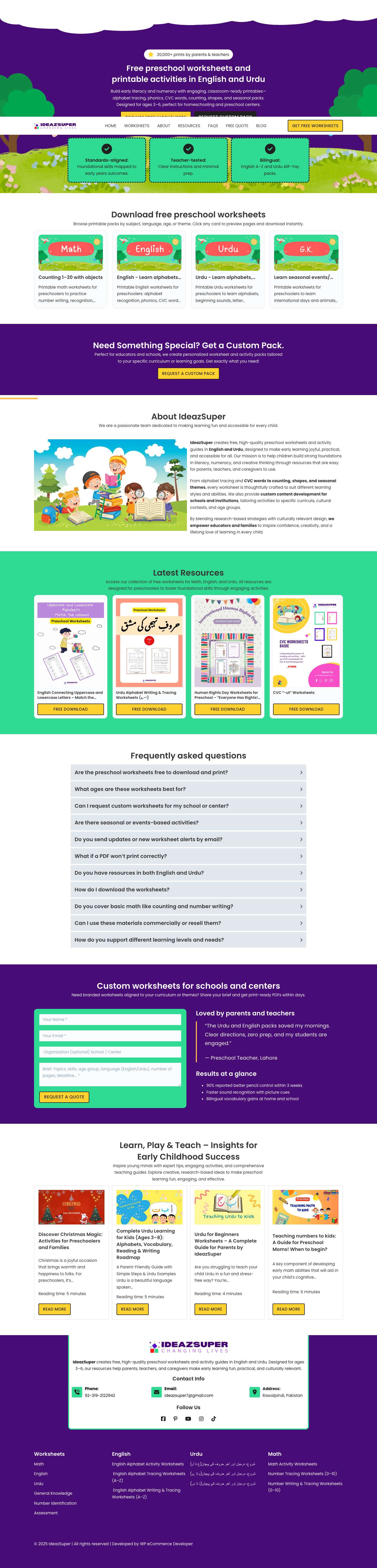 IdeazSuper - Free Preschool Worksheets, Printable Activities & Urdu/English Resources - Full Screenshot