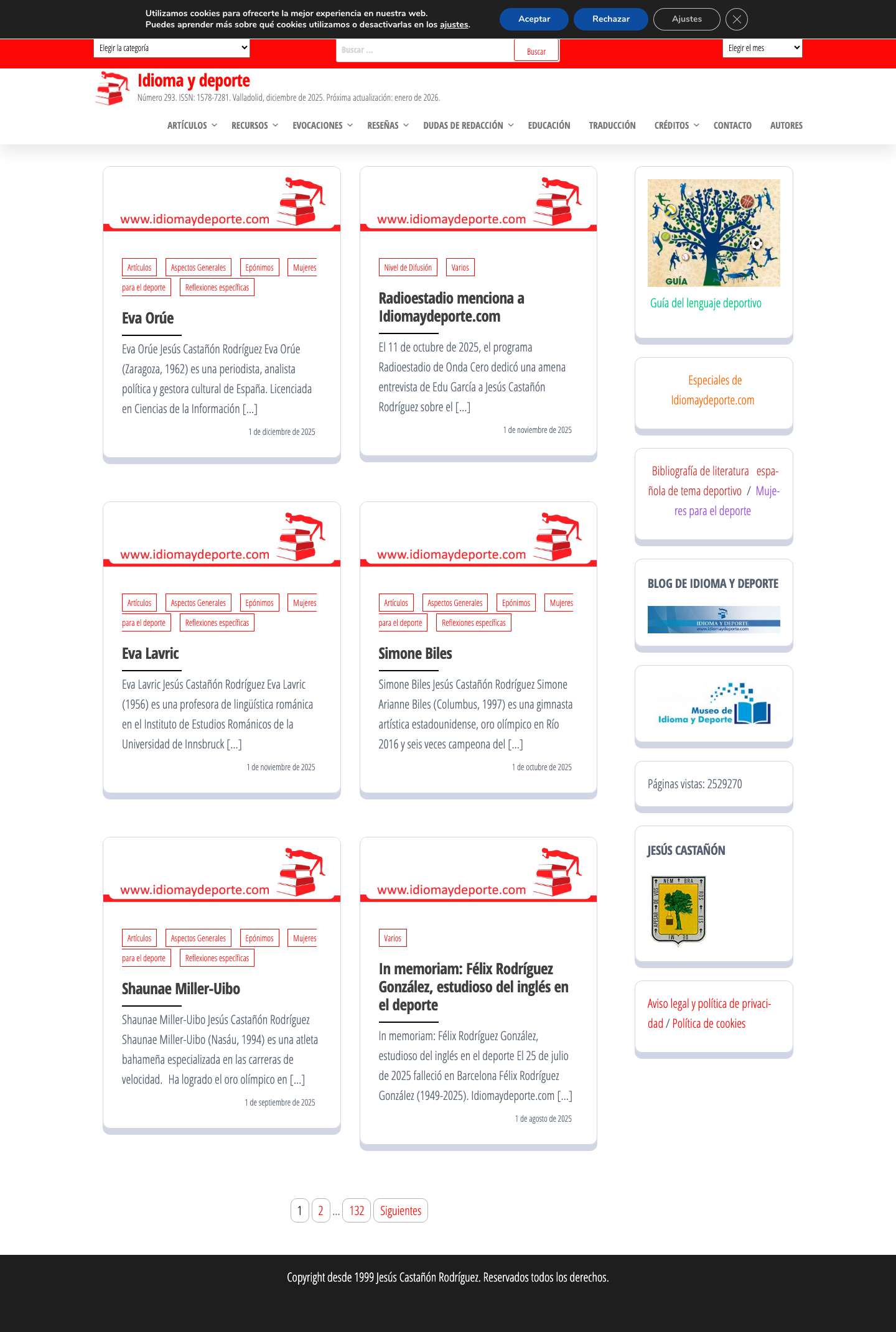 Idioma y deporte – Número 293. ISSN: 1578-7281. Valladolid, diciembre de 2025. Próxima actualización: enero de 2026. - Full Screenshot