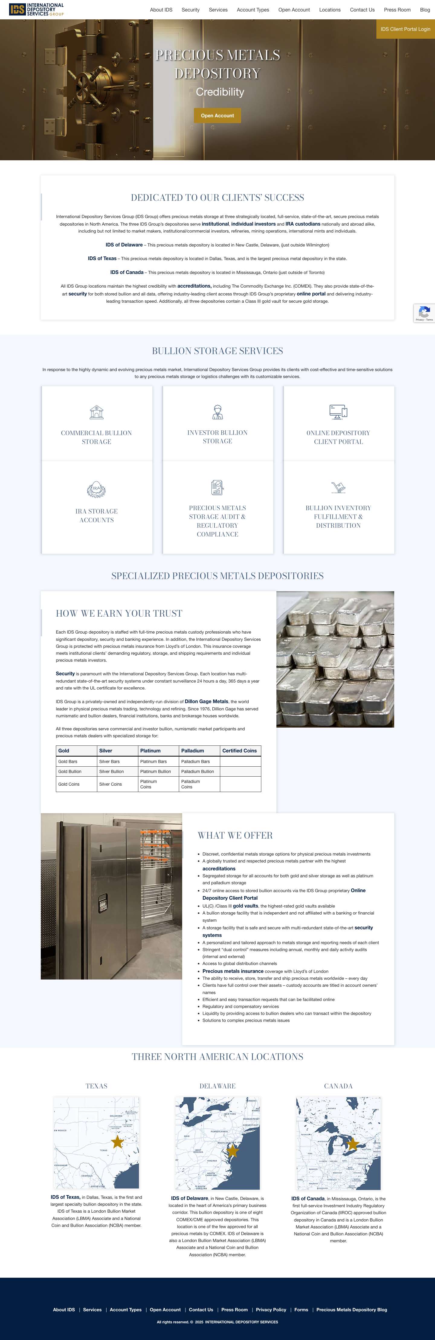 International Depository | precious metals depository - Full Screenshot