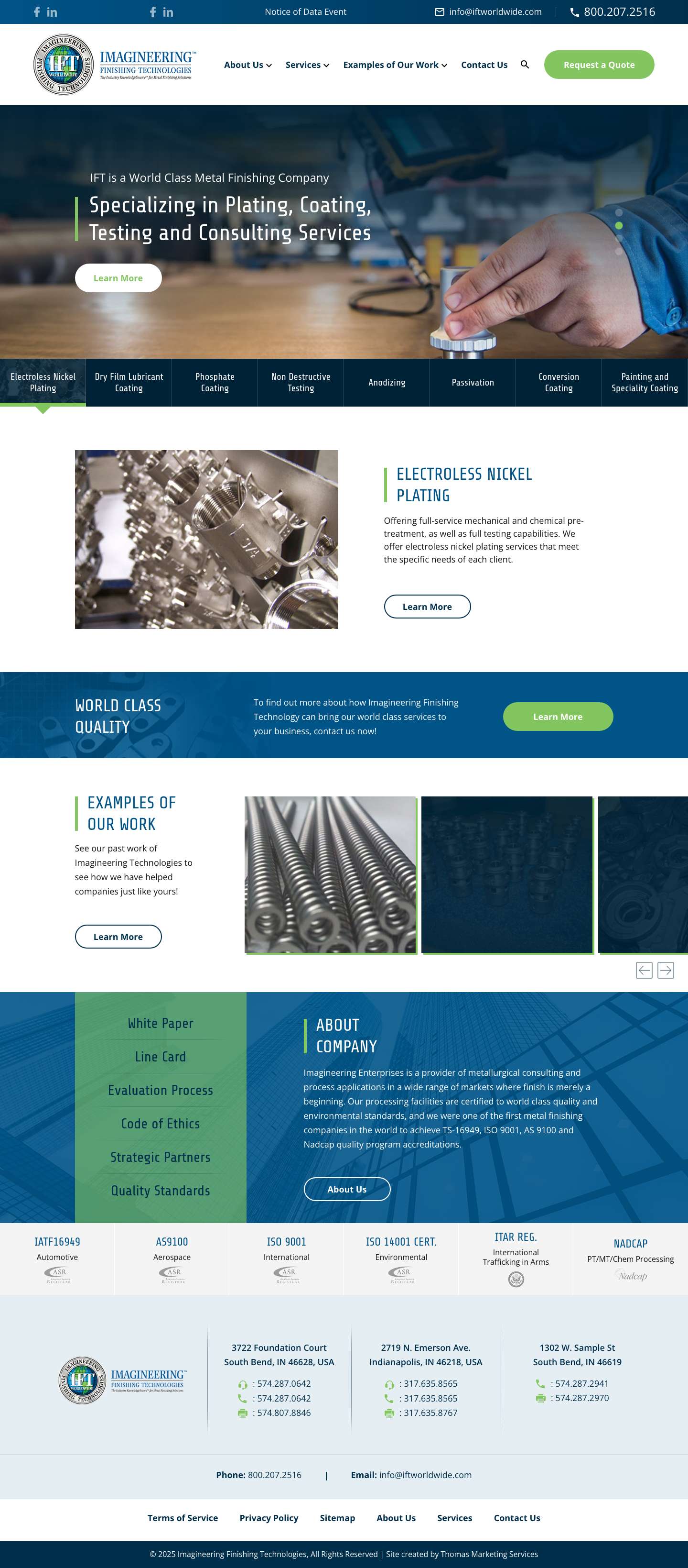 Electroless Nickel Plating & Coating Services | Imagineering Finishing Technologies - Full Screenshot