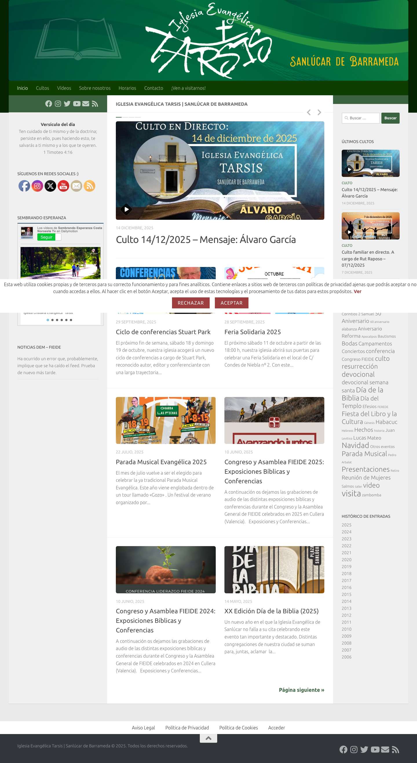 Iglesia Evangélica Tarsis | Sanlúcar de Barrameda - Web de la Iglesia Cristiana Evangélica Tarsis de Sanlúcar de Barrameda - Full Screenshot