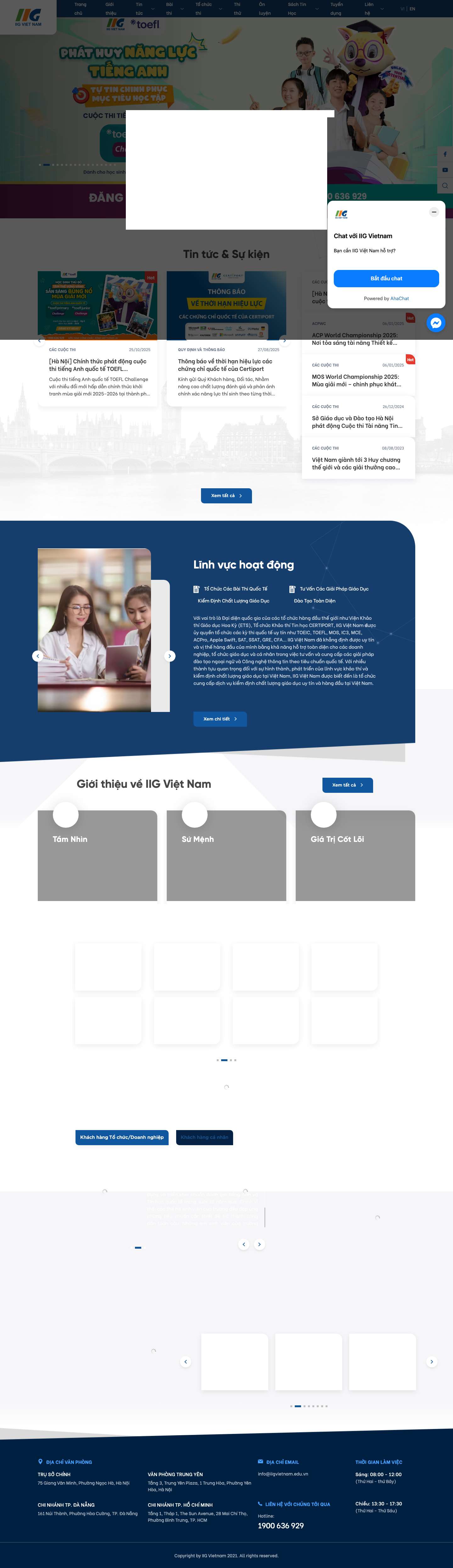 Tổ chức Giáo dục IIG Việt NamTổ chức Giáo dục IIG Việt Nam – Đại diện quốc gia Việt Nam được phép triển khai các bài thi TOEIC, TOEFL ITP, TOEFL iBT, TOEFL Junior, TOEFL Primary, MOS, IC3, IC3 Spark, MCE, ACPro, SAT, SSAT, GRE, CFA, Apple Swift… - Full Screenshot