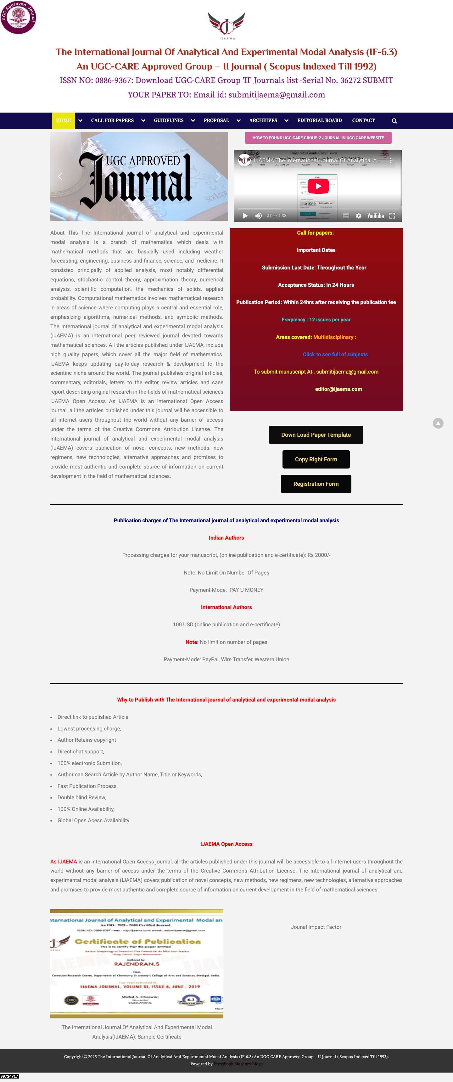 The International Journal Of Analytical And Experimental Modal Analysis (IF-6.3) An UGC-CARE Approved Group – II Journal ( Scopus Indexed Till 1992) – ISSN NO: 0886-9367: Download UGC-CARE Group 'II' Journals list -Serial No. 36272 SUBMIT YOUR PAPER TO: Email id: submitijaema@gmail.com - Full Screenshot