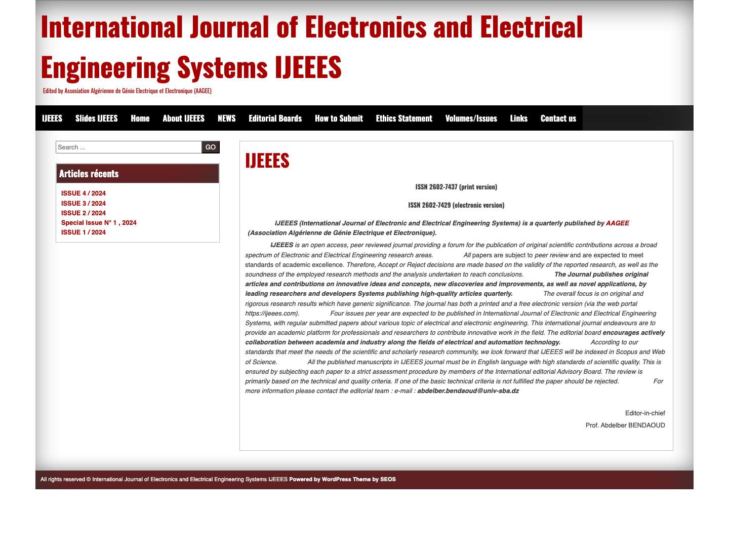 International Journal of Electronics and Electrical Engineering Systems IJEEES – Edited by Assosiation Algérienne de Génie Electrique et Electronique (AAGEE) - Full Screenshot