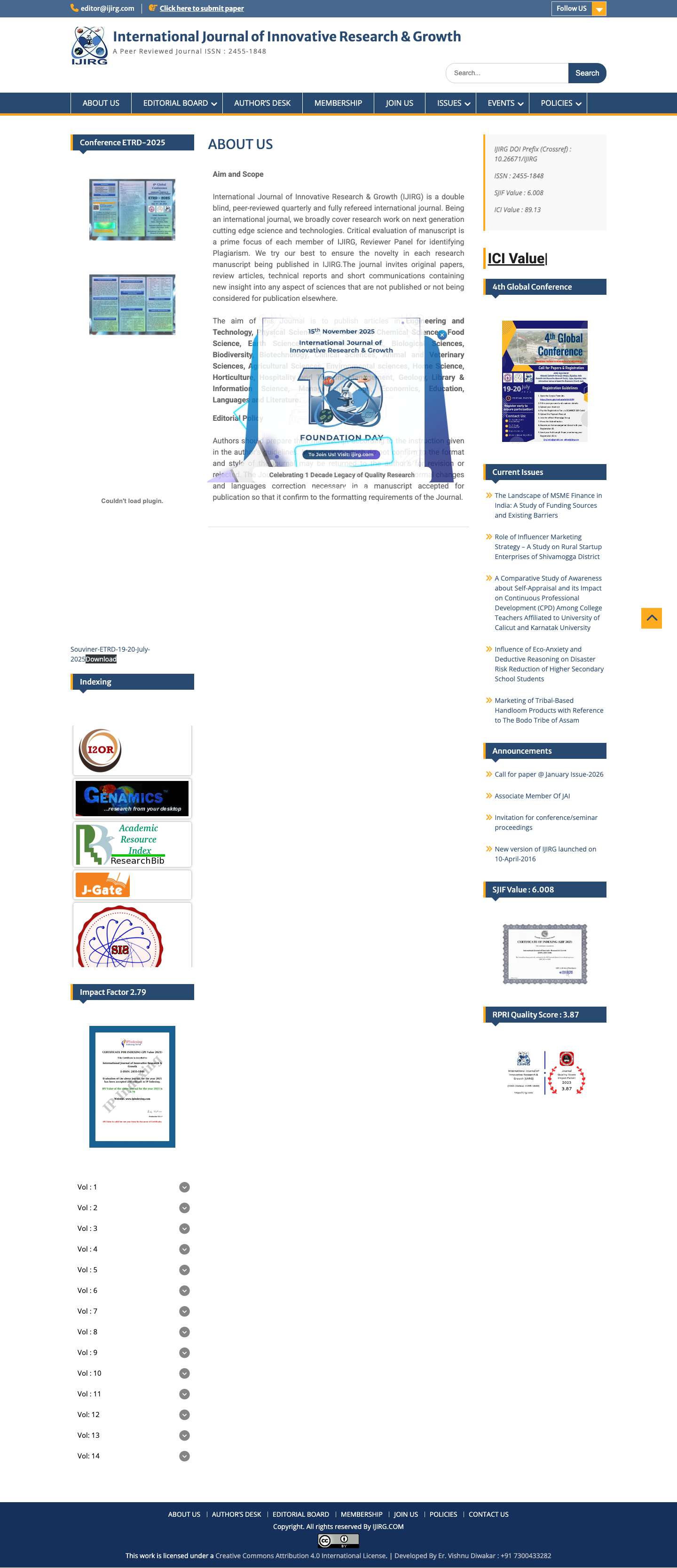 International Journal of Innovative Research & Growth – A Peer Reviewed Journal ISSN : 2455-1848 - Full Screenshot