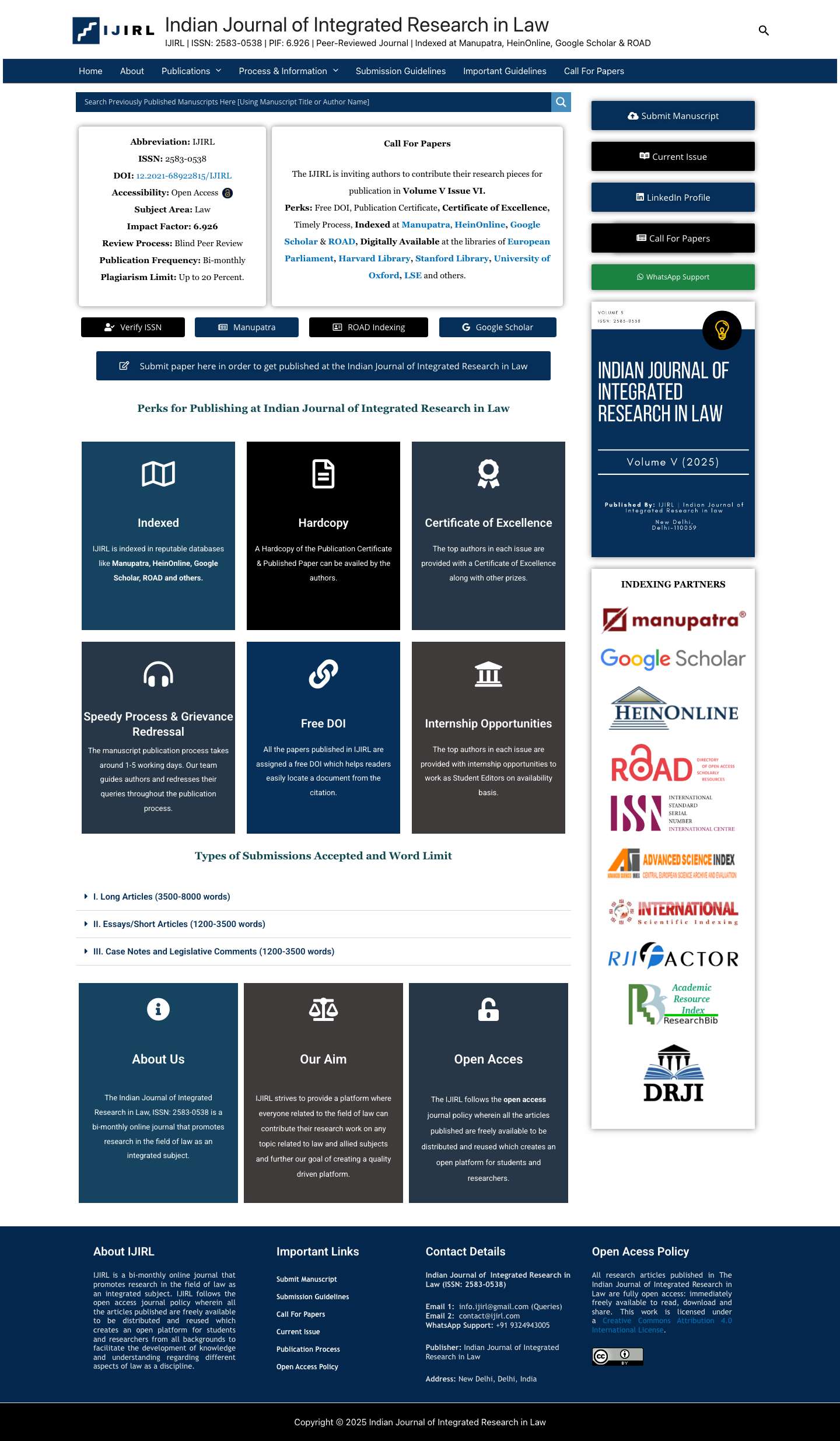 Home - Indian Journal of Integrated Research in Law - Full Screenshot