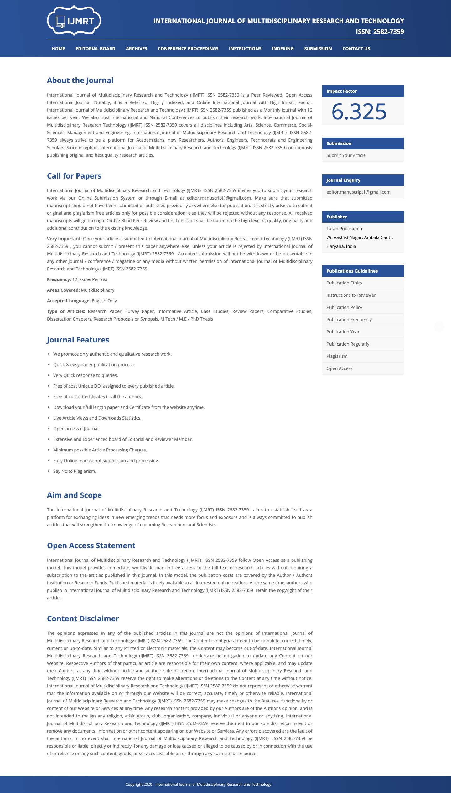 International Journal of Multidisciplinary Research and Technology | IJMRT - Full Screenshot