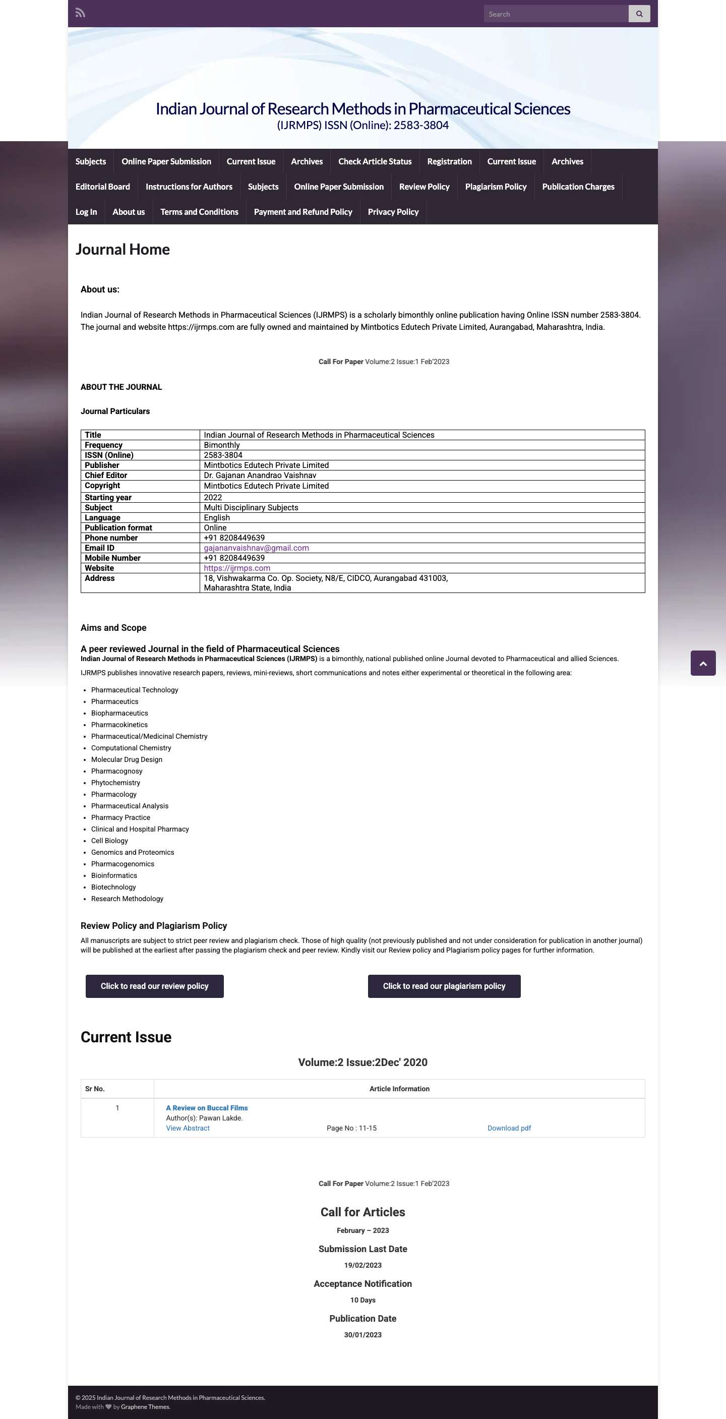 Indian Journal of Research Methods in Pharmaceutical Sciences – (IJRMPS) ISSN (Online): 2583-3804 - Full Screenshot