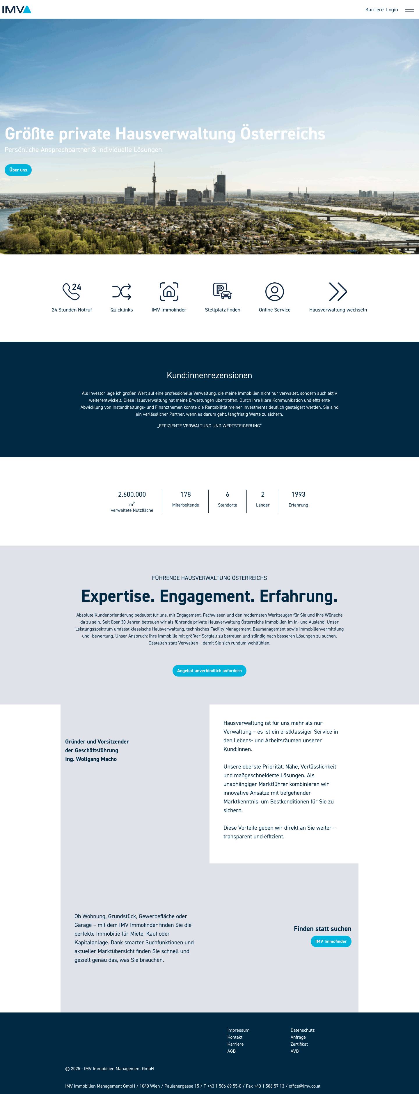 Hausverwaltung Wien | IMV Immobilien Management GmbHIMV Immobilien Management GmbH – Ihre führende Hausverwaltung in Wien! Immobilienverwaltung, Immobilienvermittlung, Facility Management – alles aus unserer kompetenten Hand! - Full Screenshot
