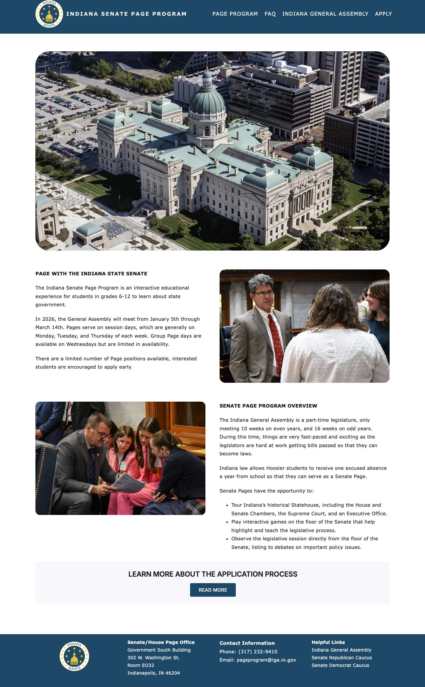 INDIANA SENATE PAGE PROGRAM – 2026 Legislative Session - Full Screenshot