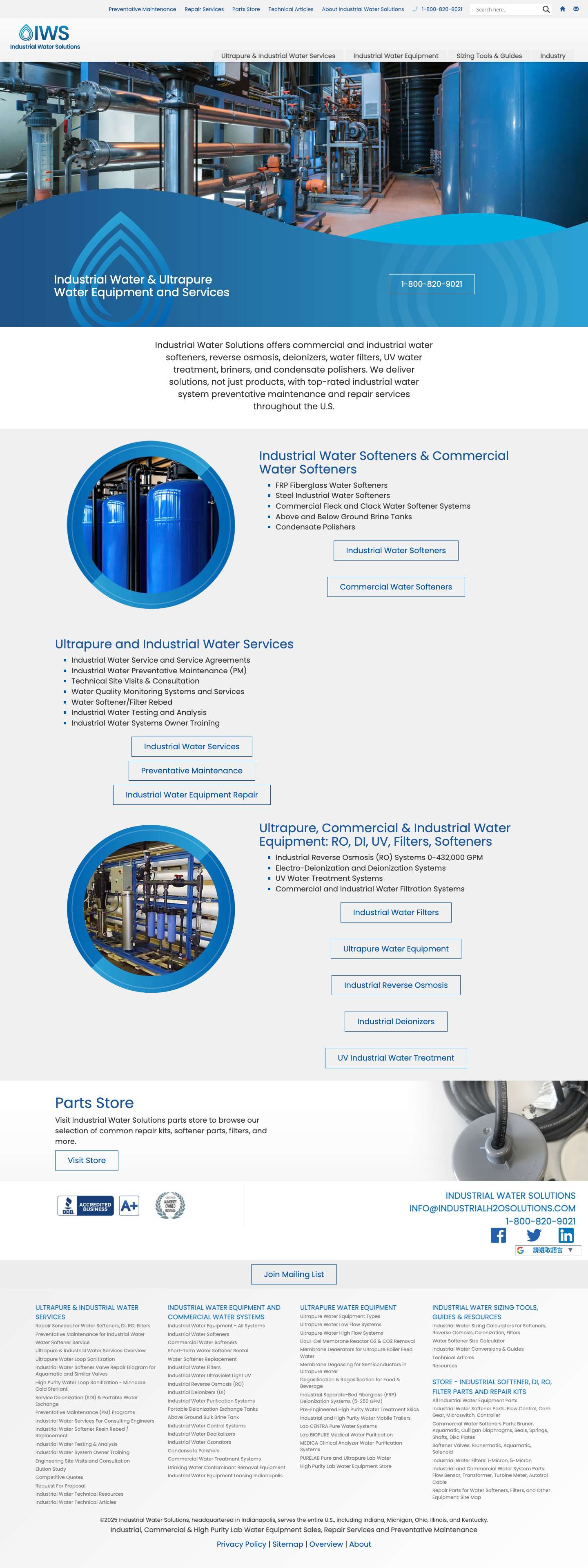 Industrial Water Solutions | Industrial Water Softeners, DI, RO Service & Parts - Full Screenshot