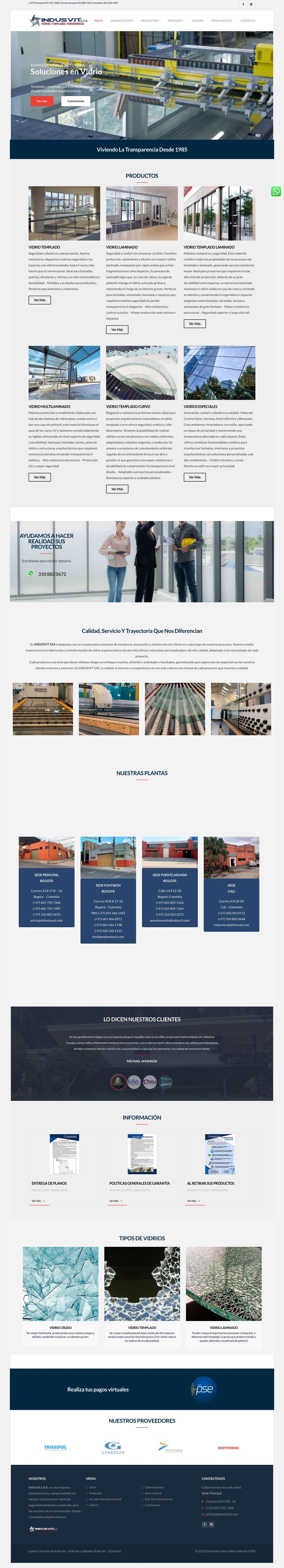 Indusvit Fabrica de Vidrios Templados – Indusvit Ltda es una empresa manufacturera, comprometida con ofrecer soluciones en vidrio de seguridad templado y laminado, para los sectores de la construcción, diseño y acabados arquitectónicos. - Full Screenshot