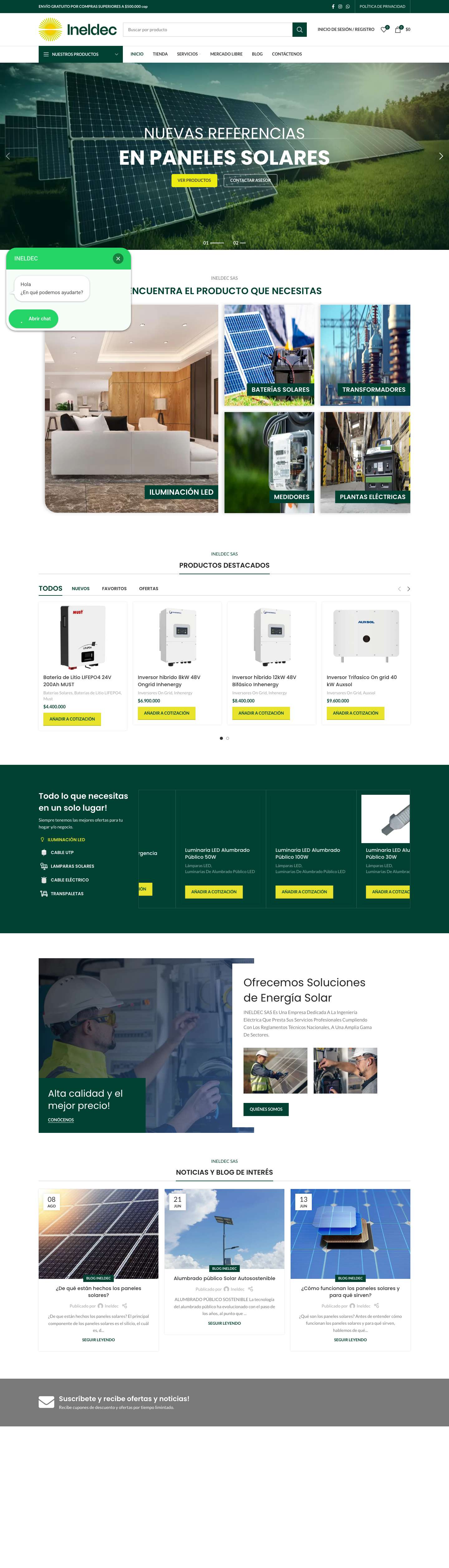 Ineldec | Paneles Solares Colombia Lamparas Solares Ingeniería Eléctrica Energía Solar Baterías Solares Cucuta Materiales - Full Screenshot