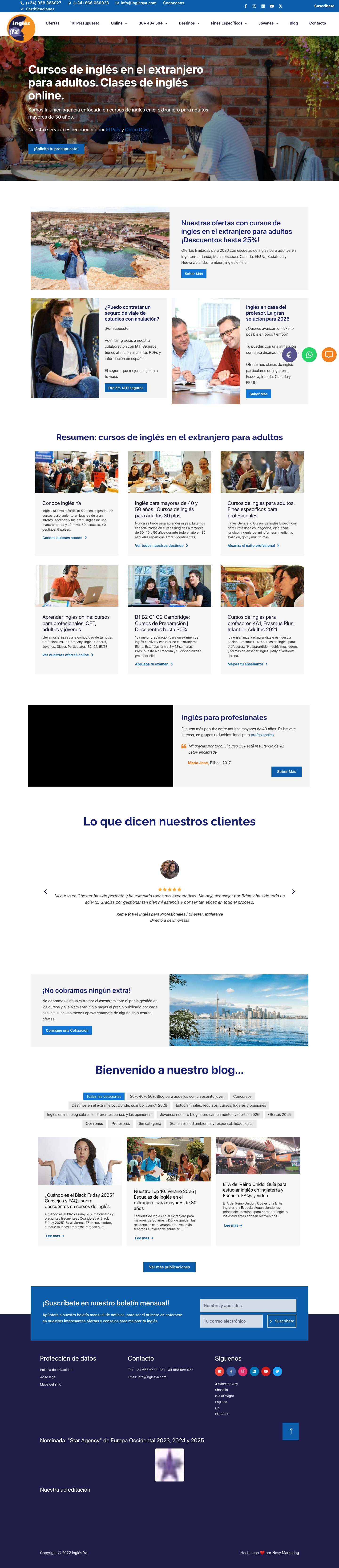 Cursos de inglés en el extranjero para adultos | Inglés Yaarrow - Full Screenshot