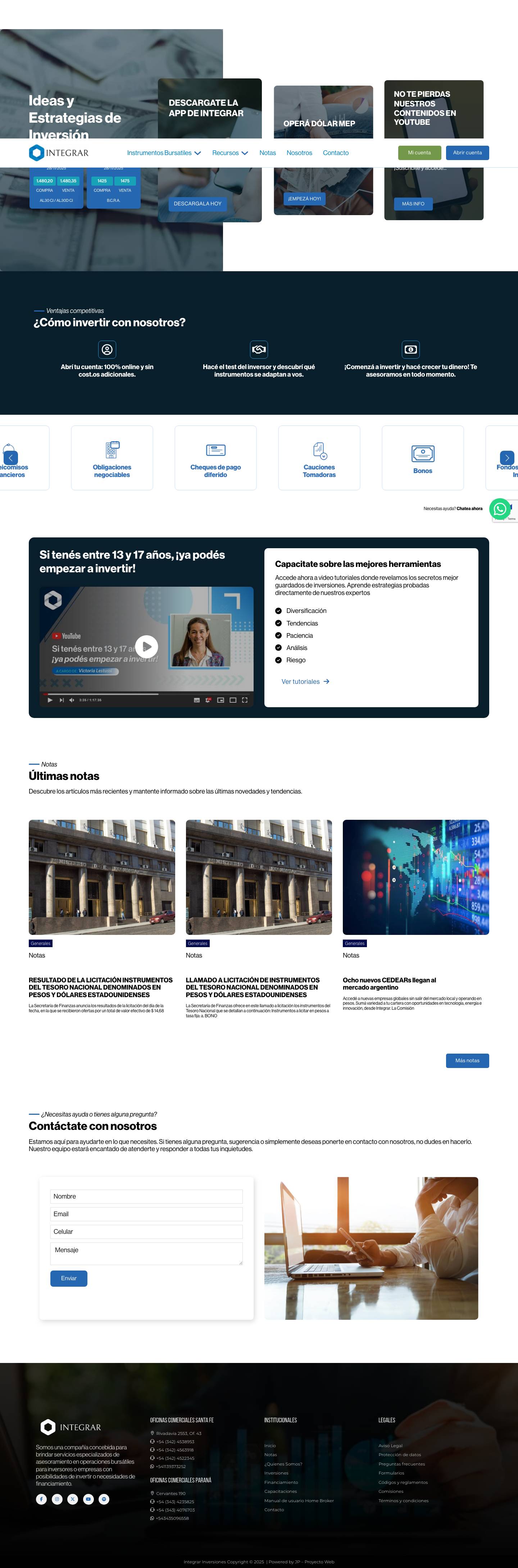 Inicio - Integrar InversionesOpcionesAccionesFideicomisosObligaciones NegociablesChequeCauciones TomadorasBonosFondosCauciones ColocadorasCEDEARsFuturosOpciones - Full Screenshot